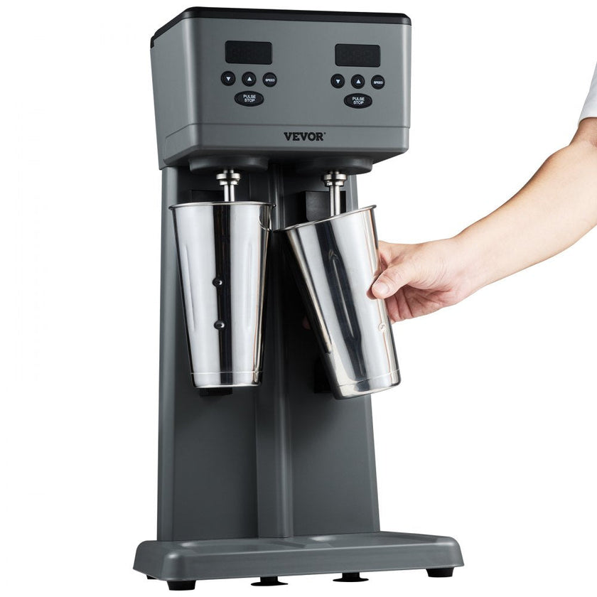 VEVOR Milkshake Maker, 375W x 2 Electric Milkshake Machine, Commercial Double Heads Drink Mixer Blender, LED Intelligent Microswitch, 3-Speed Milkshake Mixer with 2 x 820 ml Stainless Steel Cups