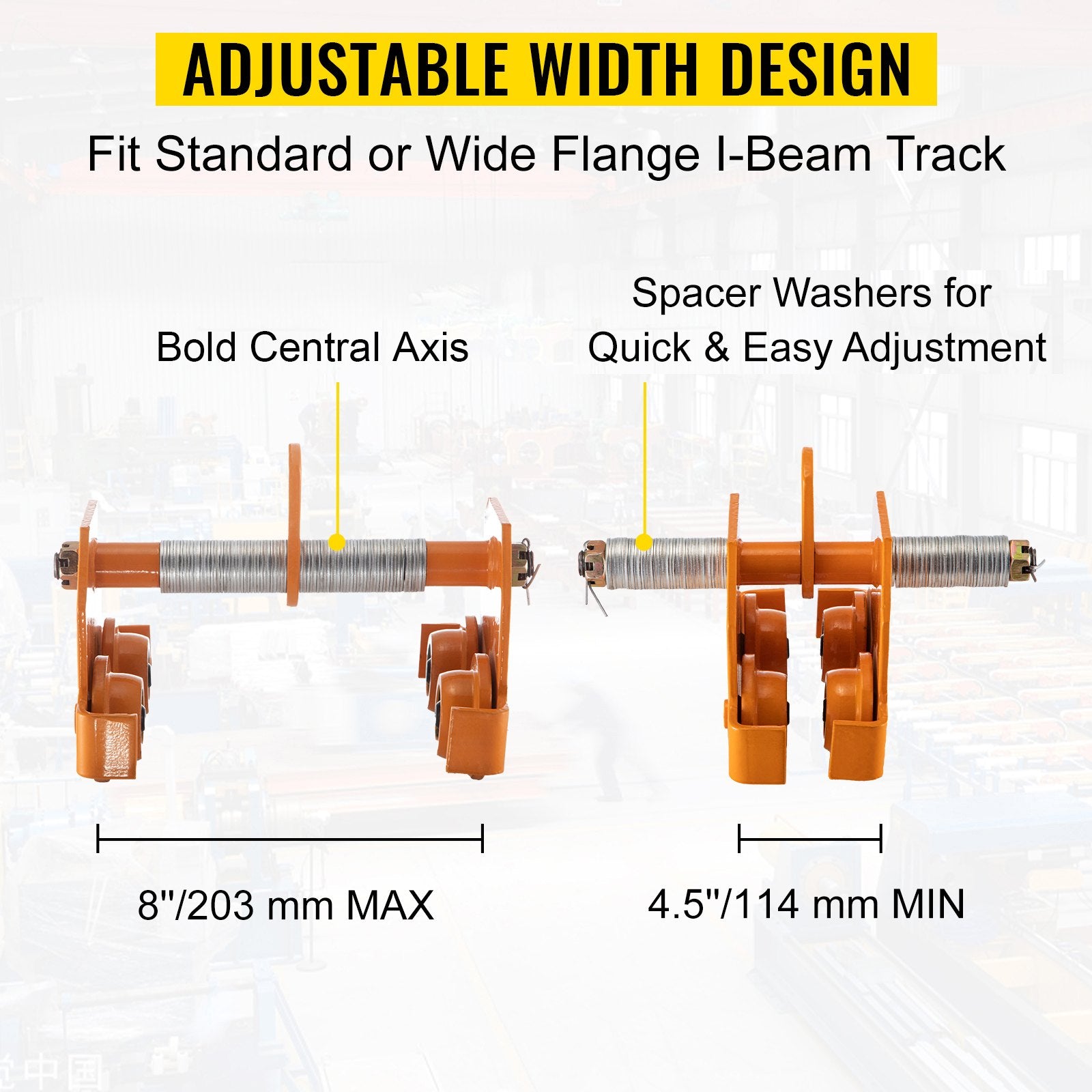 VEVOR Manual Trolley 16500LBS/7.5Ton Load Capacity Beam Trolley 4.5-8 inch Adjustable Width Push Beam Track Roller Trolley Steel Powder Coating with Dual Wheels Garage Hoist for Straight Curved I Beam