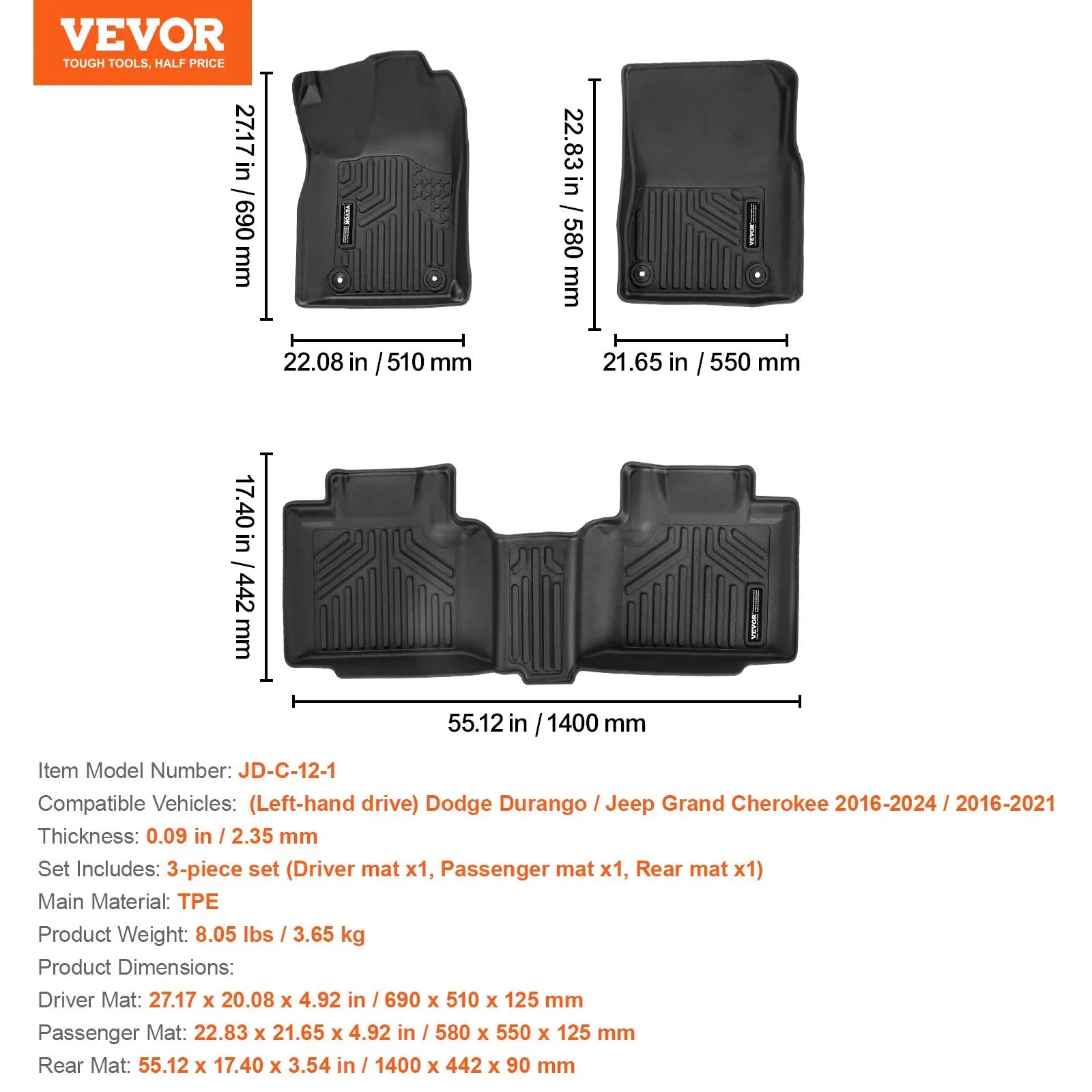 VEVOR Automotive Floor Mats Fits Dodge Durango/Jeep Grand Cherokee 2016-2024