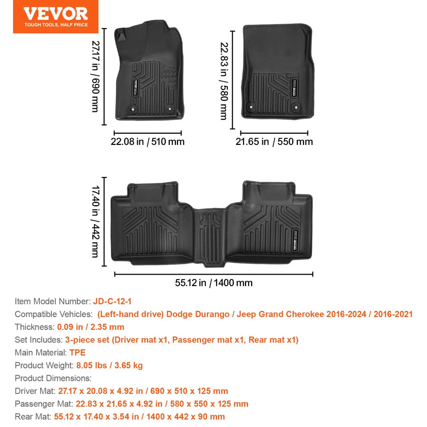 VEVOR Automotive Floor Mats Fits Dodge Durango/Jeep Grand Cherokee 2016-2024