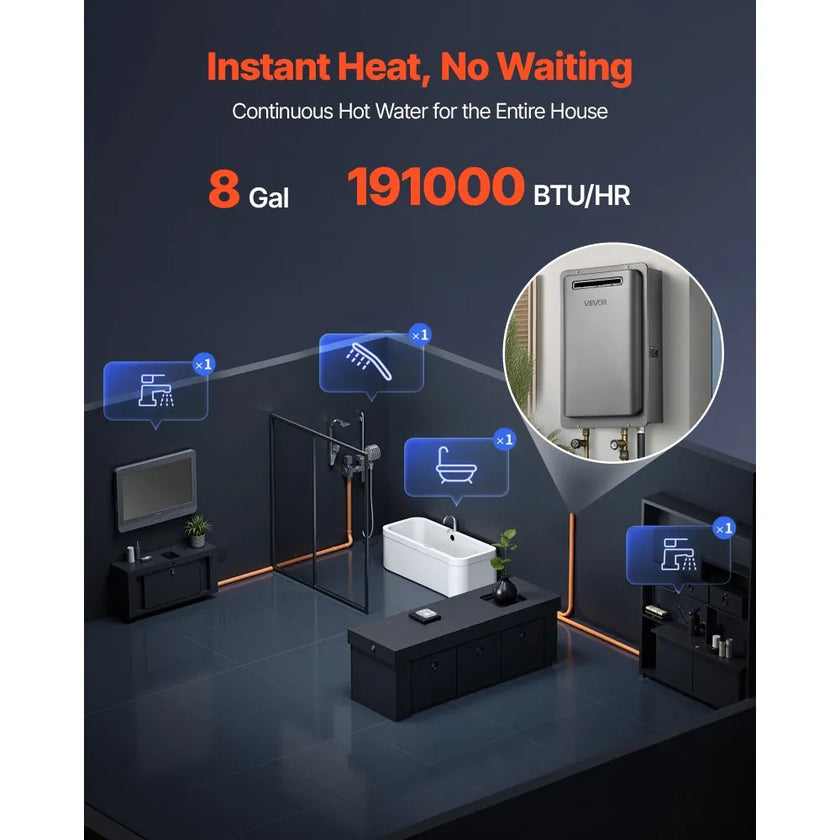 VEVOR Gas Tankless Water Heater 8Gal 191000 BTU Smart Temp Control