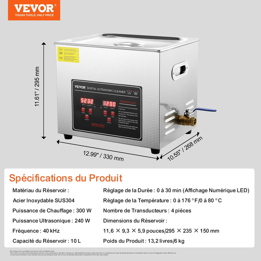 VEVOR Ultrasonic Cleaner with Digital Timer & Heater, Professional Ultra Sonic Jewelry Cleaner, Stainless Steel Heated Cleaning Machine for Glasses Watch Rings Small Parts Circuit Board (10L)