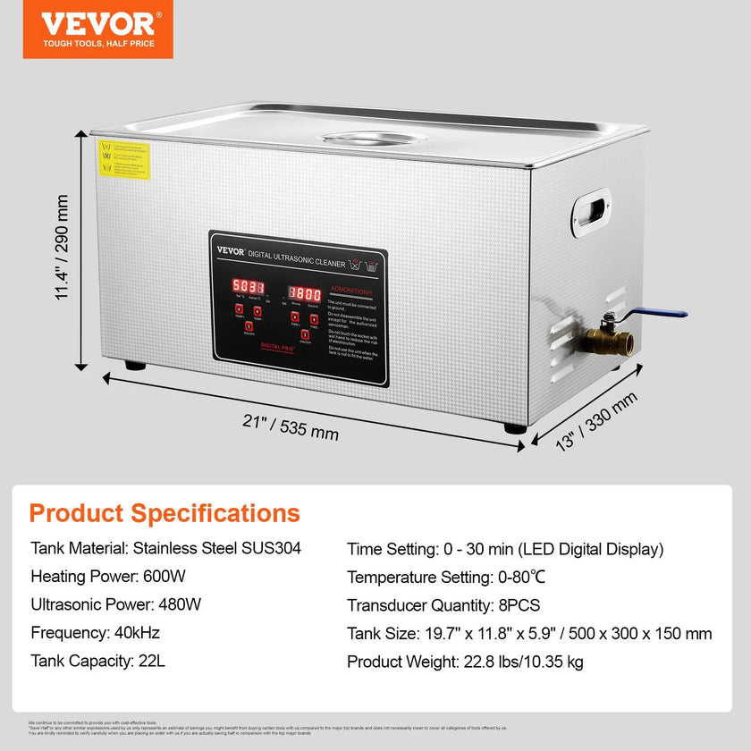 VEVOR Ultrasonic Cleaner with Digital Timer & Heater, Professional Ultra Sonic Jewelry Cleaner, Stainless Steel Heated Cleaning Machine for Glasses Watch Rings Small Parts Circuit Board (22L)