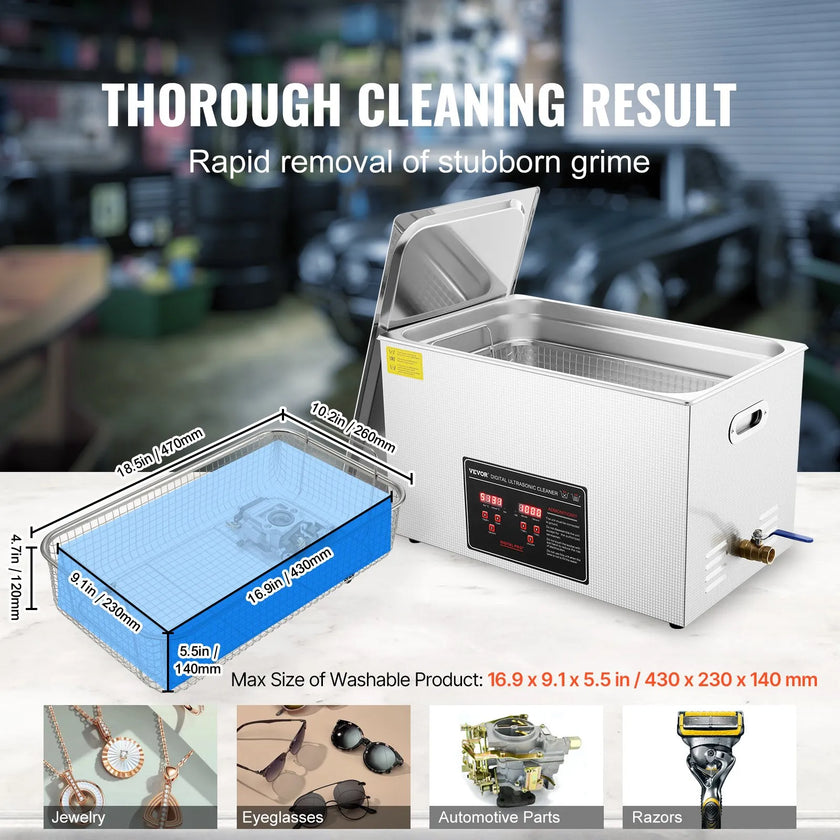 VEVOR Ultrasonic Cleaner with Digital Timer & Heater, Professional Ultra Sonic Jewelry Cleaner, Stainless Steel Heated Cleaning Machine for Glasses Watch Rings Small Parts Circuit Board (30L)