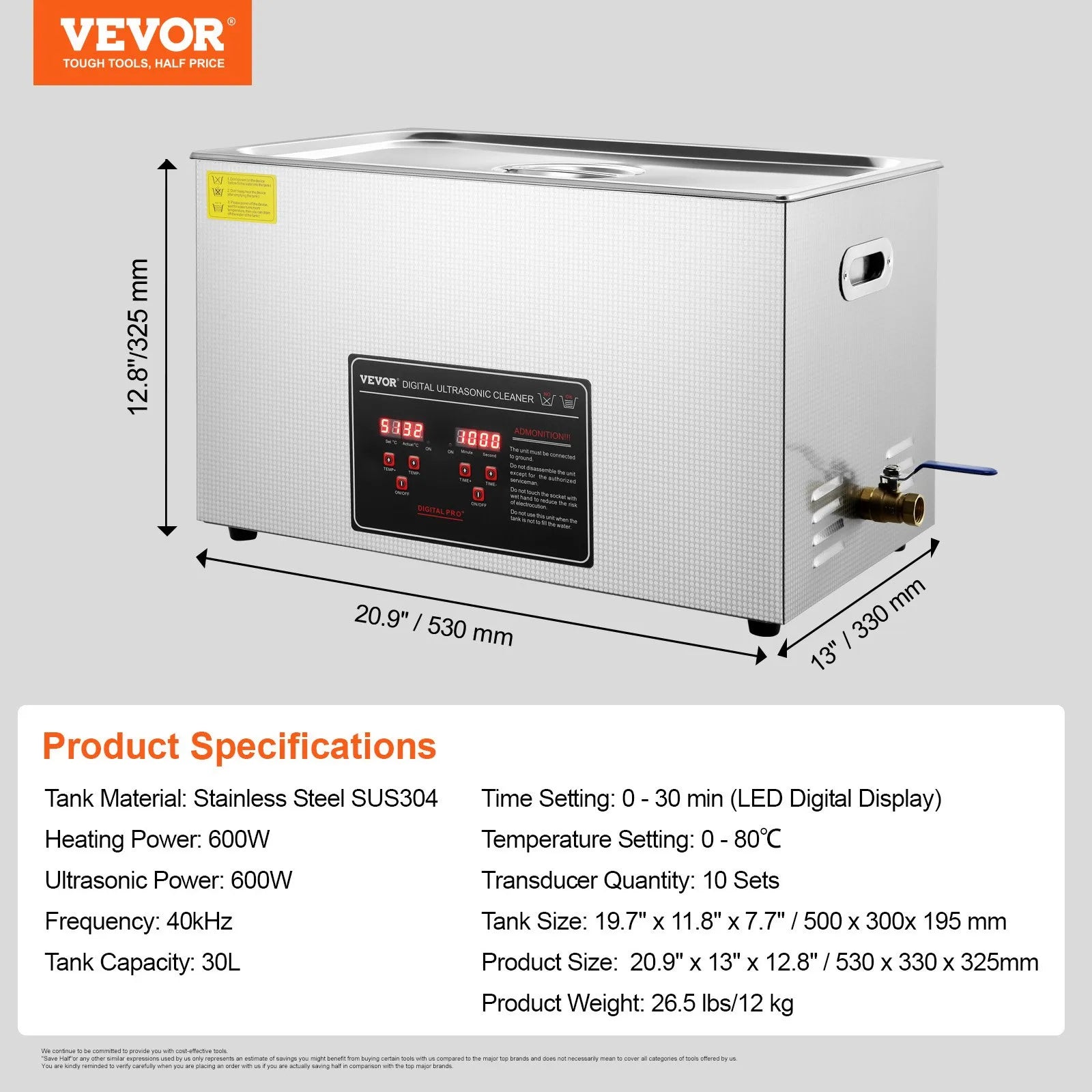 VEVOR Ultrasonic Cleaner with Digital Timer & Heater, Professional Ultra Sonic Jewelry Cleaner, Stainless Steel Heated Cleaning Machine for Glasses Watch Rings Small Parts Circuit Board (30L)