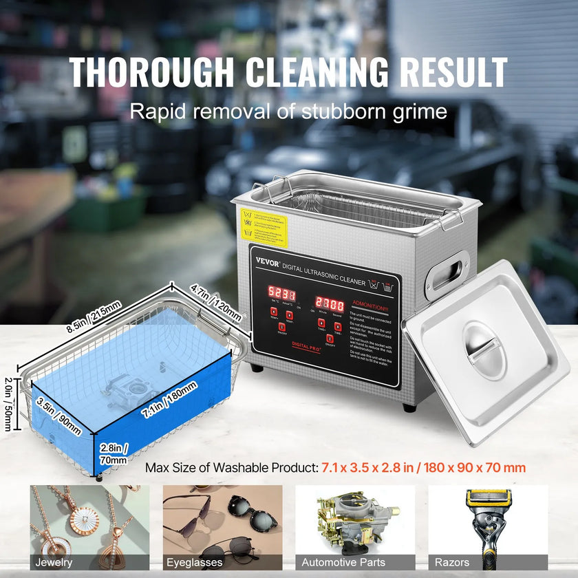 VEVOR Ultrasonic Cleaner with Digital Timer & Heater, Professional Ultra Sonic Jewelry Cleaner, Stainless Steel Heated Cleaning Machine for Glasses Watch Rings Small Parts Circuit Board (3L)