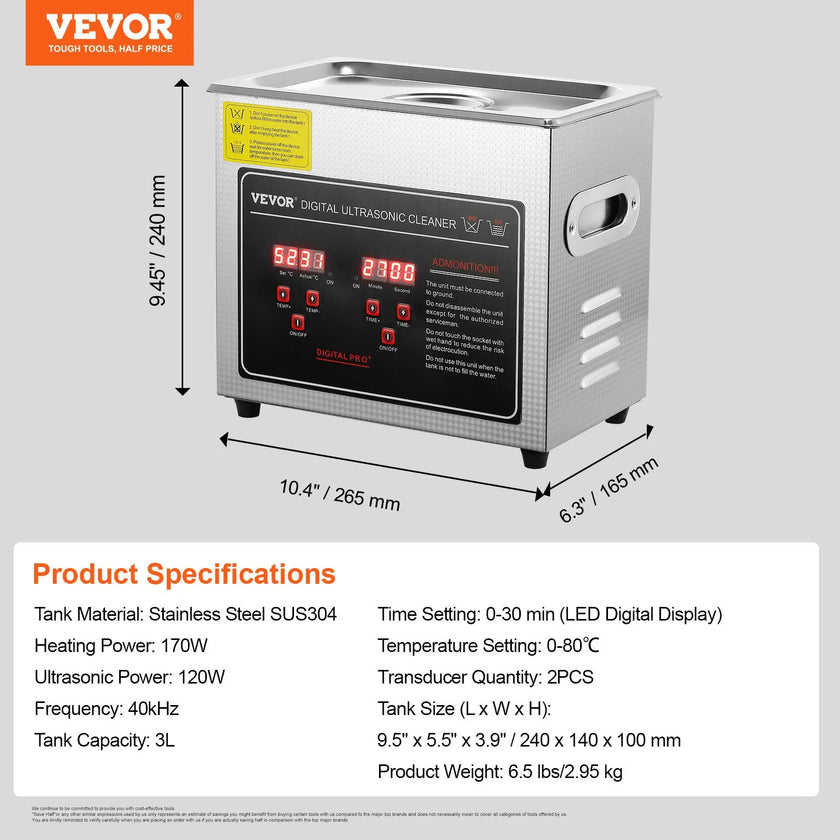 VEVOR Ultrasonic Cleaner with Digital Timer & Heater, Professional Ultra Sonic Jewelry Cleaner, Stainless Steel Heated Cleaning Machine for Glasses Watch Rings Small Parts Circuit Board (3L)