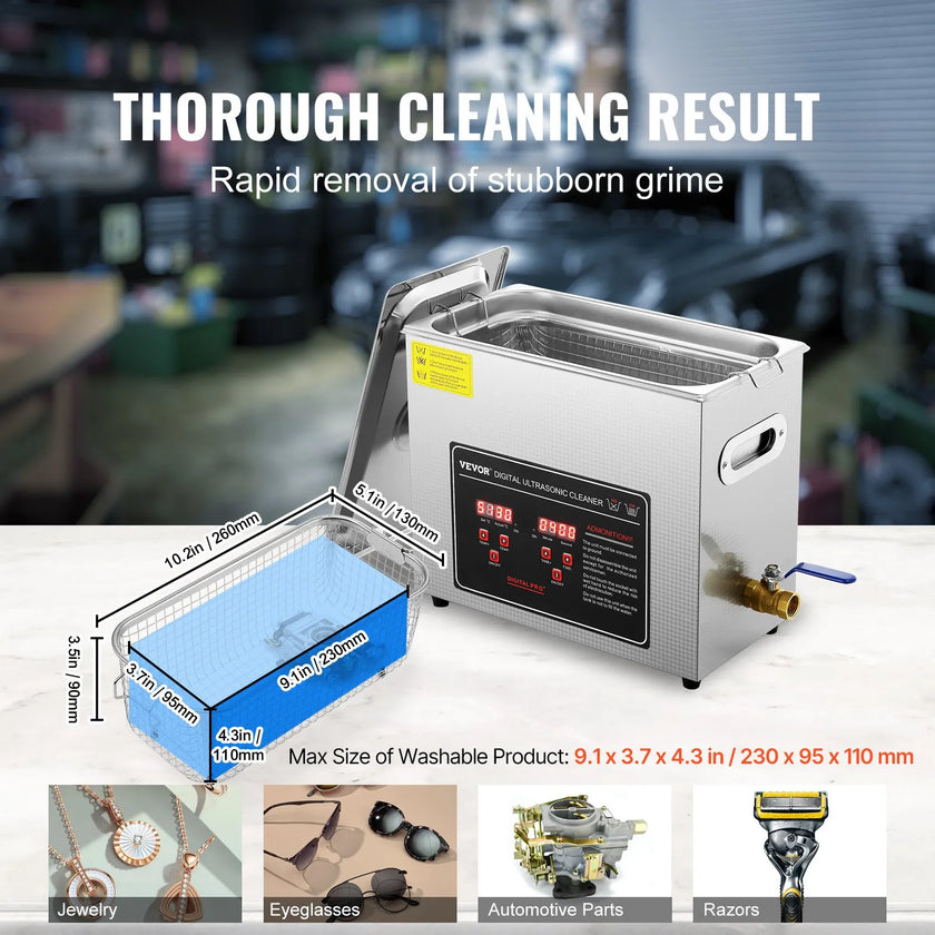 VEVOR Ultrasonic Cleaner with Digital Timer & Heater, Professional Ultra Sonic Jewelry Cleaner, Stainless Steel Heated Cleaning Machine for Glasses Watch Rings Small Parts Circuit Board (6L)