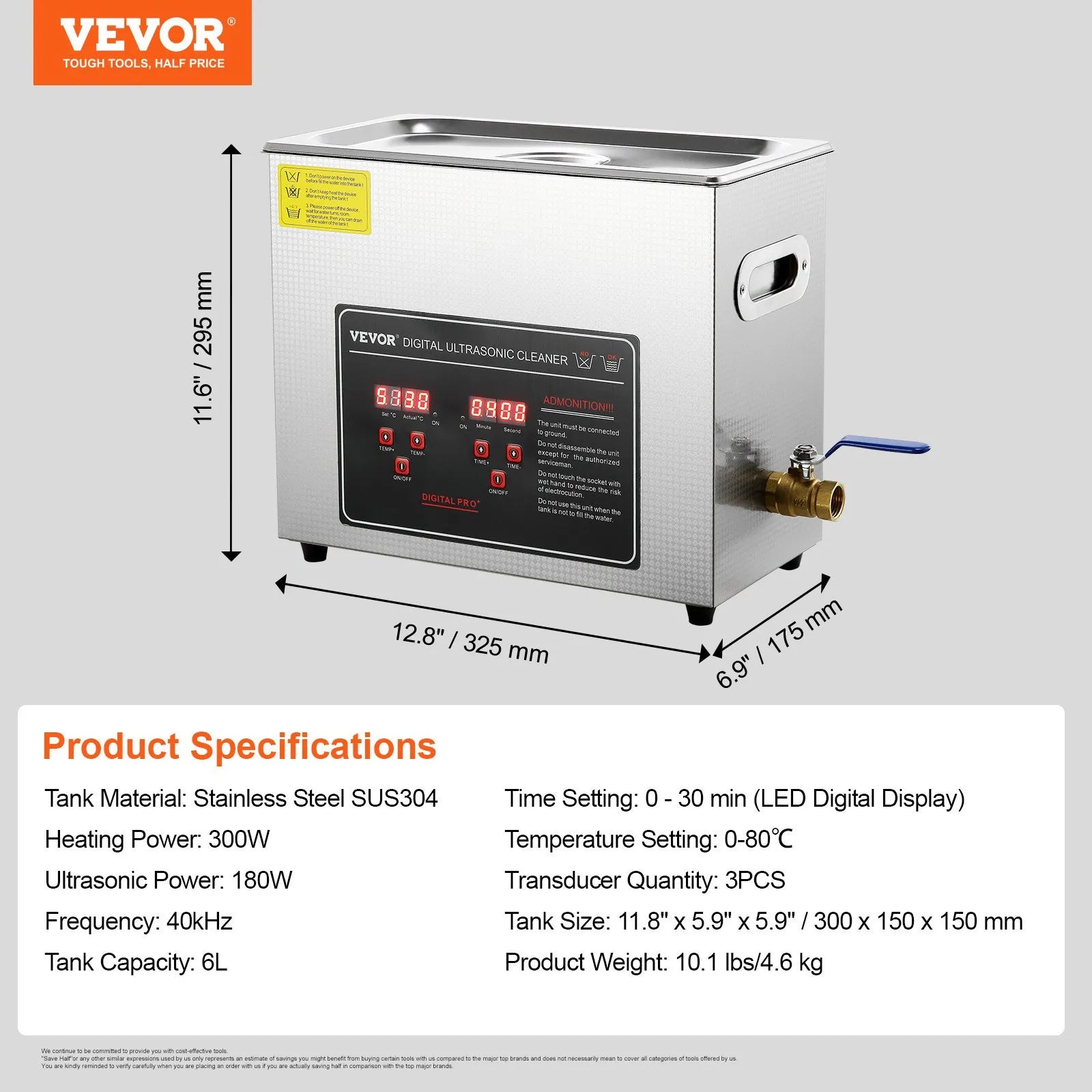 VEVOR Ultrasonic Cleaner with Digital Timer & Heater, Professional Ultra Sonic Jewelry Cleaner, Stainless Steel Heated Cleaning Machine for Glasses Watch Rings Small Parts Circuit Board (6L)