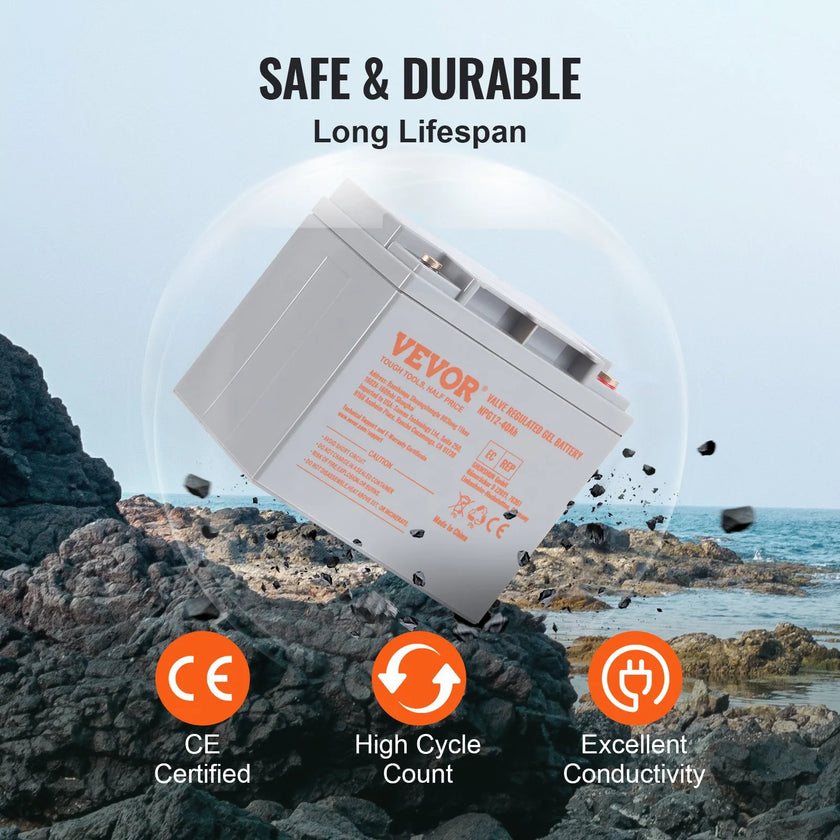 VEVOR Deep Cycle Battery, 12V 40AH, AGM Marine Rechargeable Battery, High Self-Discharge Rate 400A Discharge Current for Mobility Scooters Electric Wheelchairs Go-Karts e-Bikes, Tested to UL Standards