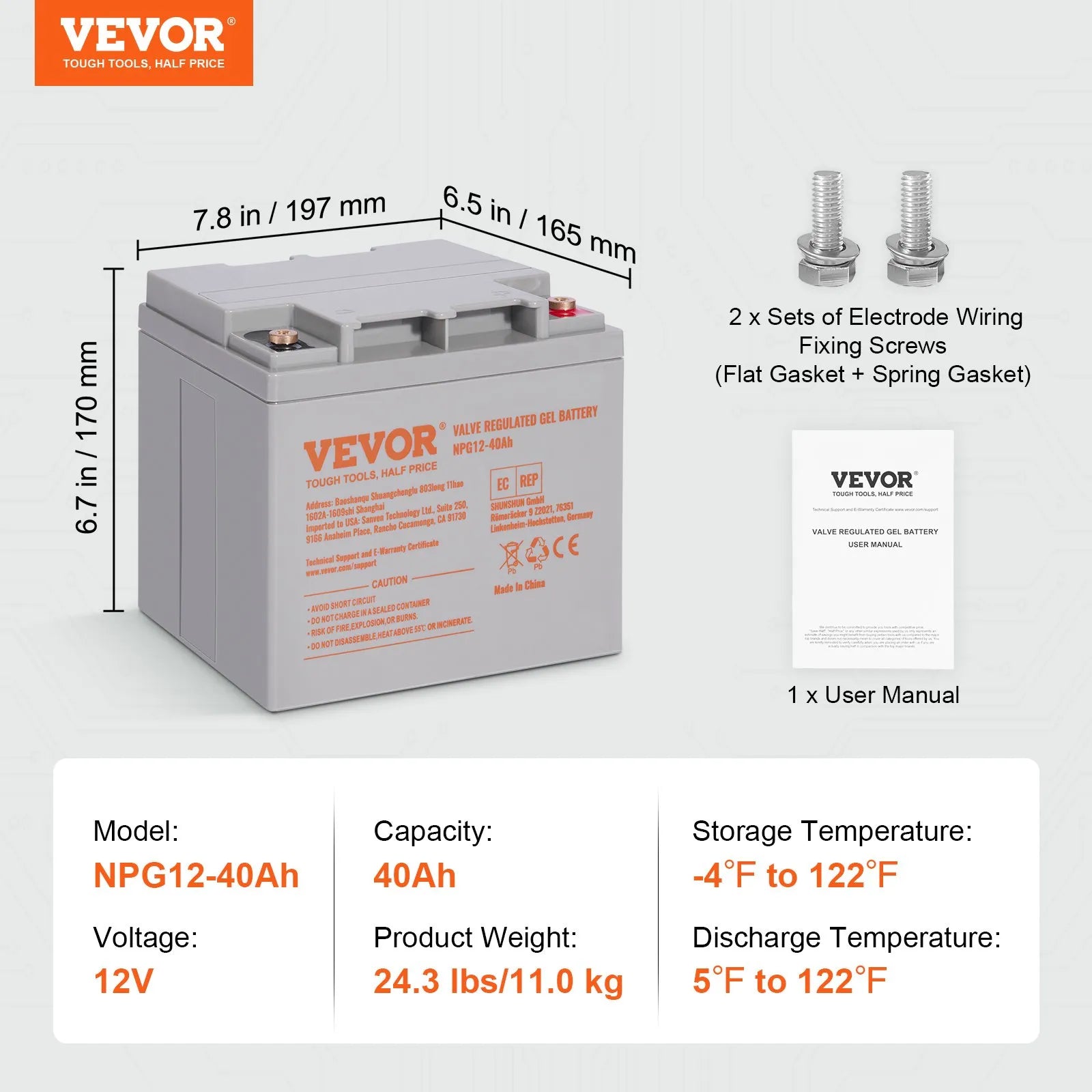 VEVOR Deep Cycle Battery, 12V 40AH, AGM Marine Rechargeable Battery, High Self-Discharge Rate 400A Discharge Current for Mobility Scooters Electric Wheelchairs Go-Karts e-Bikes, Tested to UL Standards