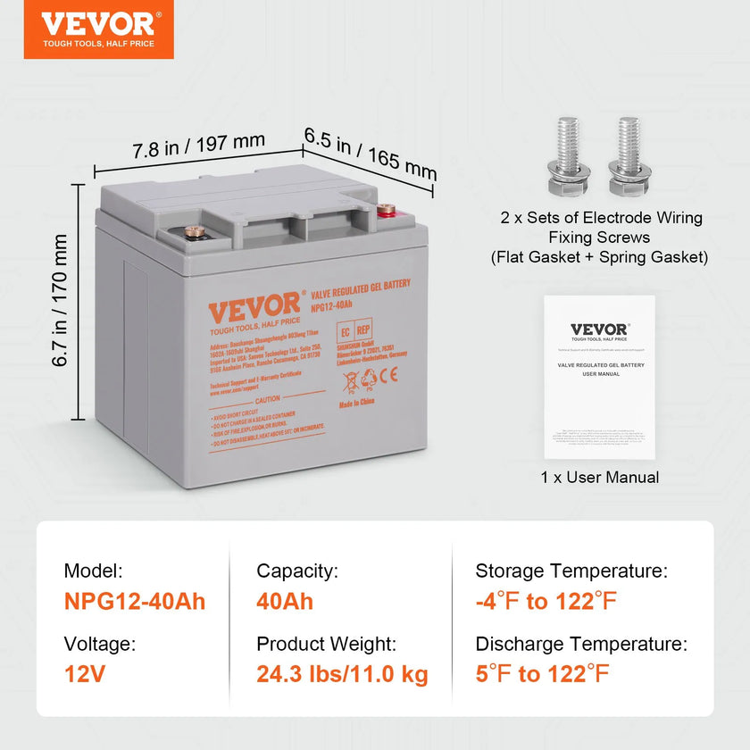 VEVOR Deep Cycle Battery, 12V 40AH, AGM Marine Rechargeable Battery, High Self-Discharge Rate 400A Discharge Current for Mobility Scooters Electric Wheelchairs Go-Karts e-Bikes, Tested to UL Standards
