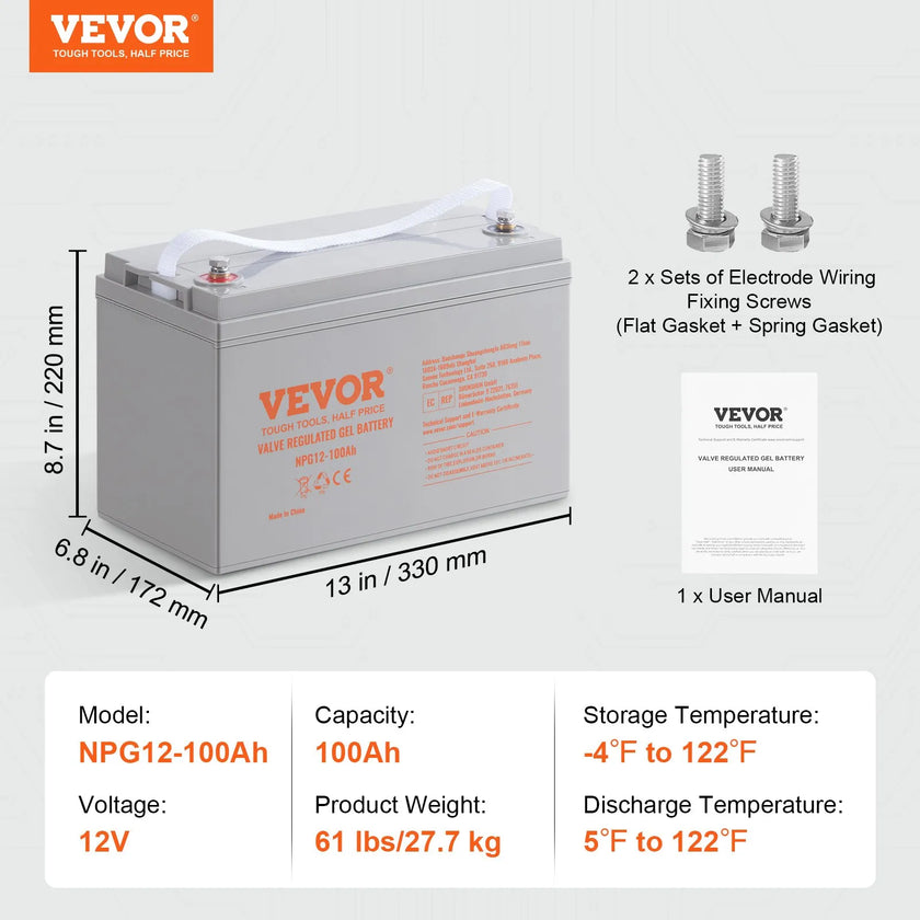 VEVOR Deep Cycle Battery, 12V 100 AH, AGM Marine Rechargeable Battery, High Self-Discharge Rate 800A Current, for RV Solar Marine Off-Grid Applications UPS Backup Power System, Tested to UL Standards