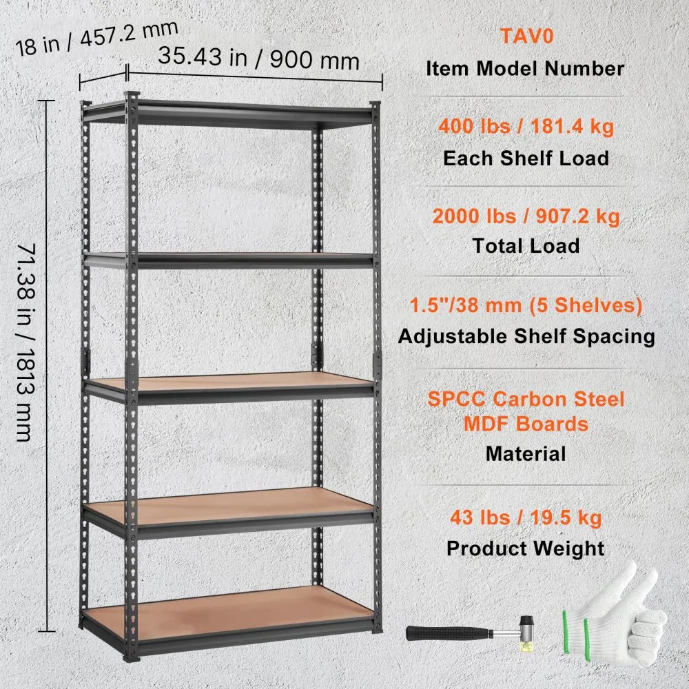 VEVOR Storage Shelving Unit, 5-Tier Adjustable, 2000 lbs Capacity, Heavy Duty Garage Shelves Metal Organizer Utility Rack, Black, 36