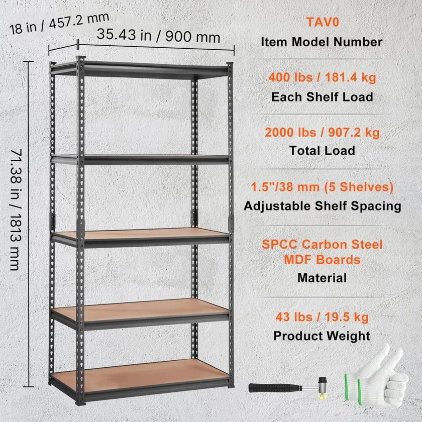 VEVOR Storage Shelving Unit, 5-Tier Adjustable, 2000 lbs Capacity, Heavy Duty Garage Shelves Metal Organizer Utility Rack, Black, 36