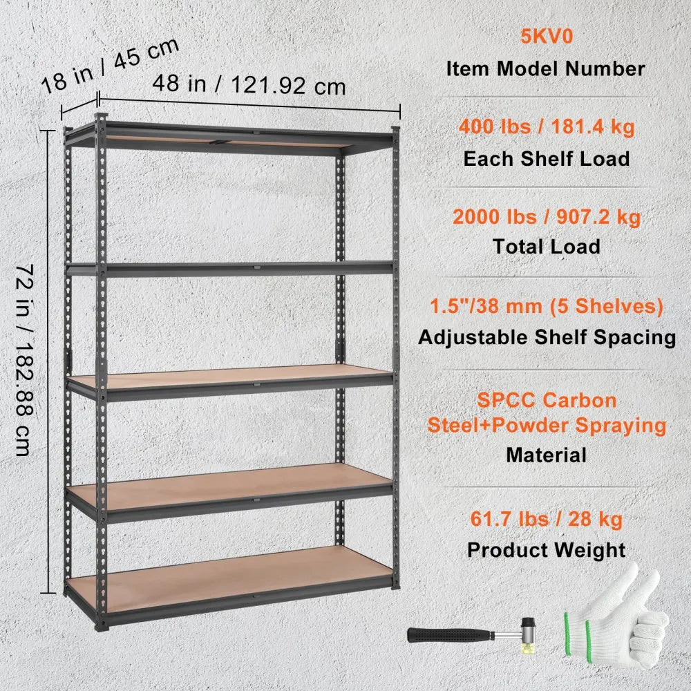 VEVOR Storage Shelving Unit, 5-Tier Adjustable, 2000 lbs Capacity, Heavy Duty Garage Shelves Metal Organizer Utility Rack, Black, 18