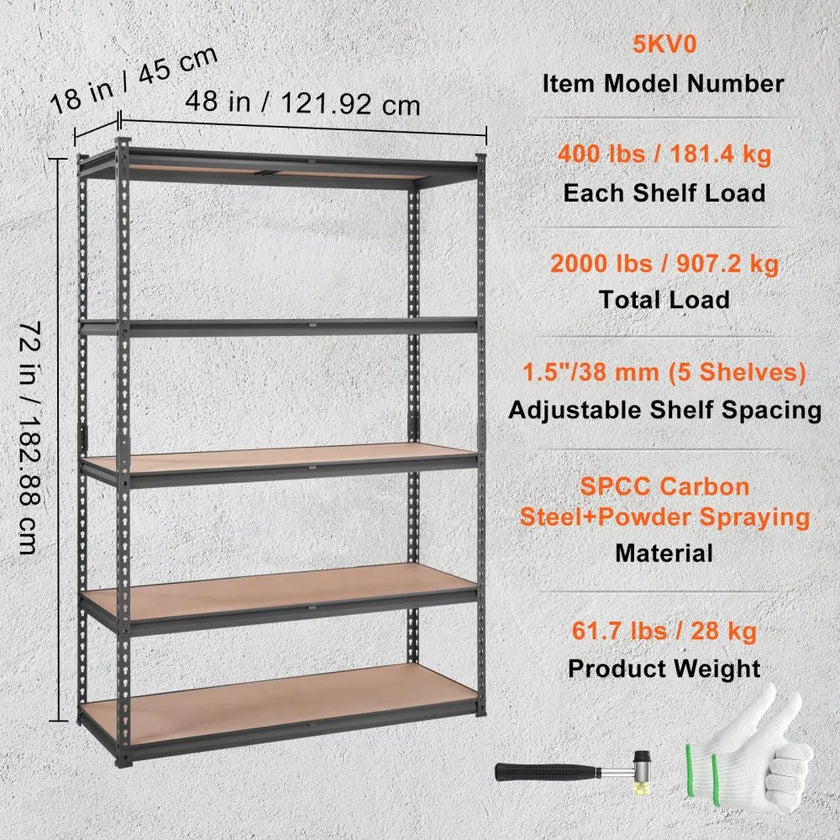 VEVOR Storage Shelving Unit, 5-Tier Adjustable, 2000 lbs Capacity, Heavy Duty Garage Shelves Metal Organizer Utility Rack, Black, 18