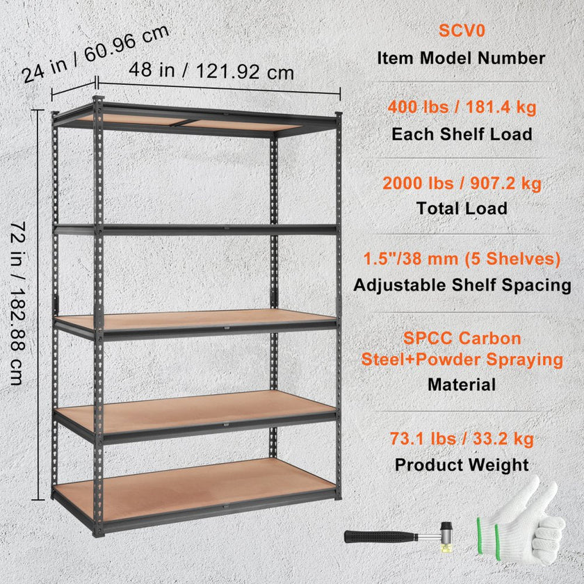 VEVOR Storage Shelving Unit, 5-Tier Adjustable, 2000 lbs Capacity, Heavy Duty Garage Shelves Metal Organizer Utility Rack, Black, 48