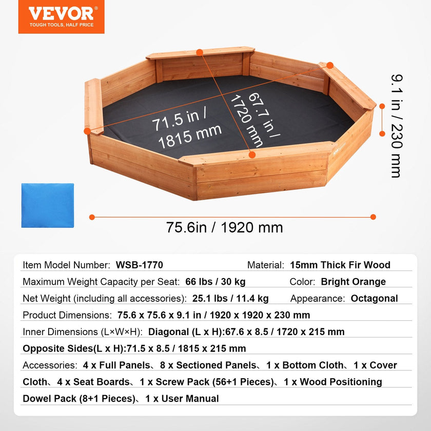 VEVOR Wooden Sandbox with Cover Octagonal Sand Box Sand Pit Outdoor Ages 3-12