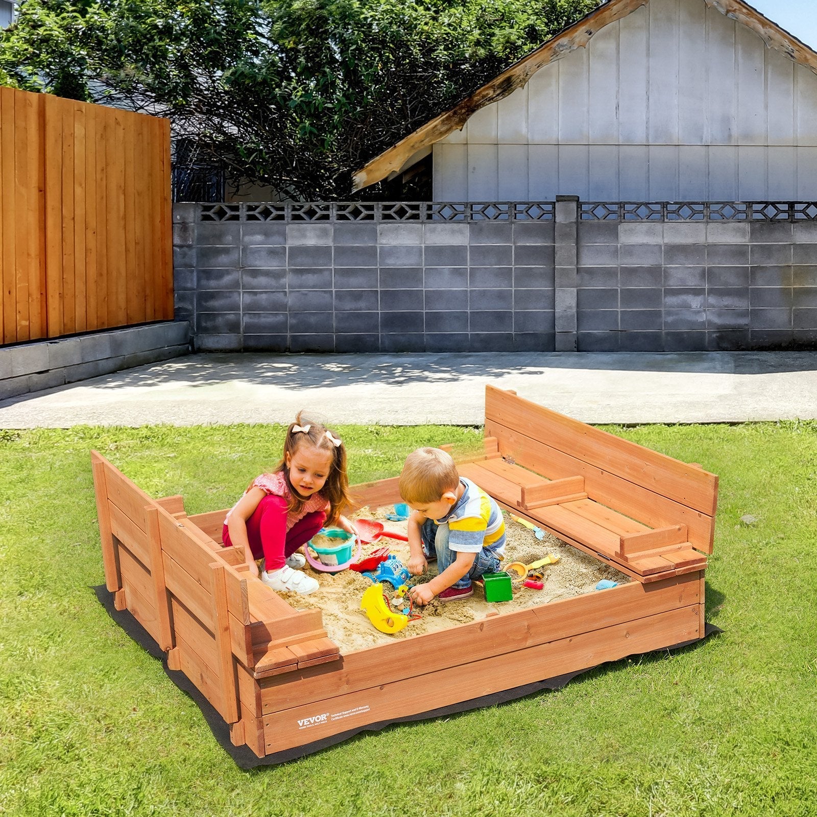 VEVOR Wooden Sandbox Sand Box Sand Pit with Bottom Liner for Outdoor Ages 3-12