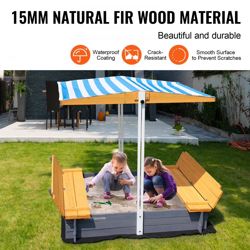 VEVOR Wooden Sandbox with Canopy Sand Box Sand Pit Outdoor Backyard Ages 3-12