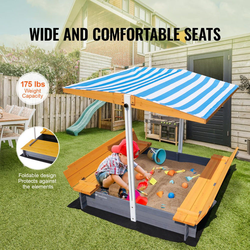 VEVOR Wooden Sandbox with Canopy Sand Box Sand Pit Outdoor Backyard Ages 3-12