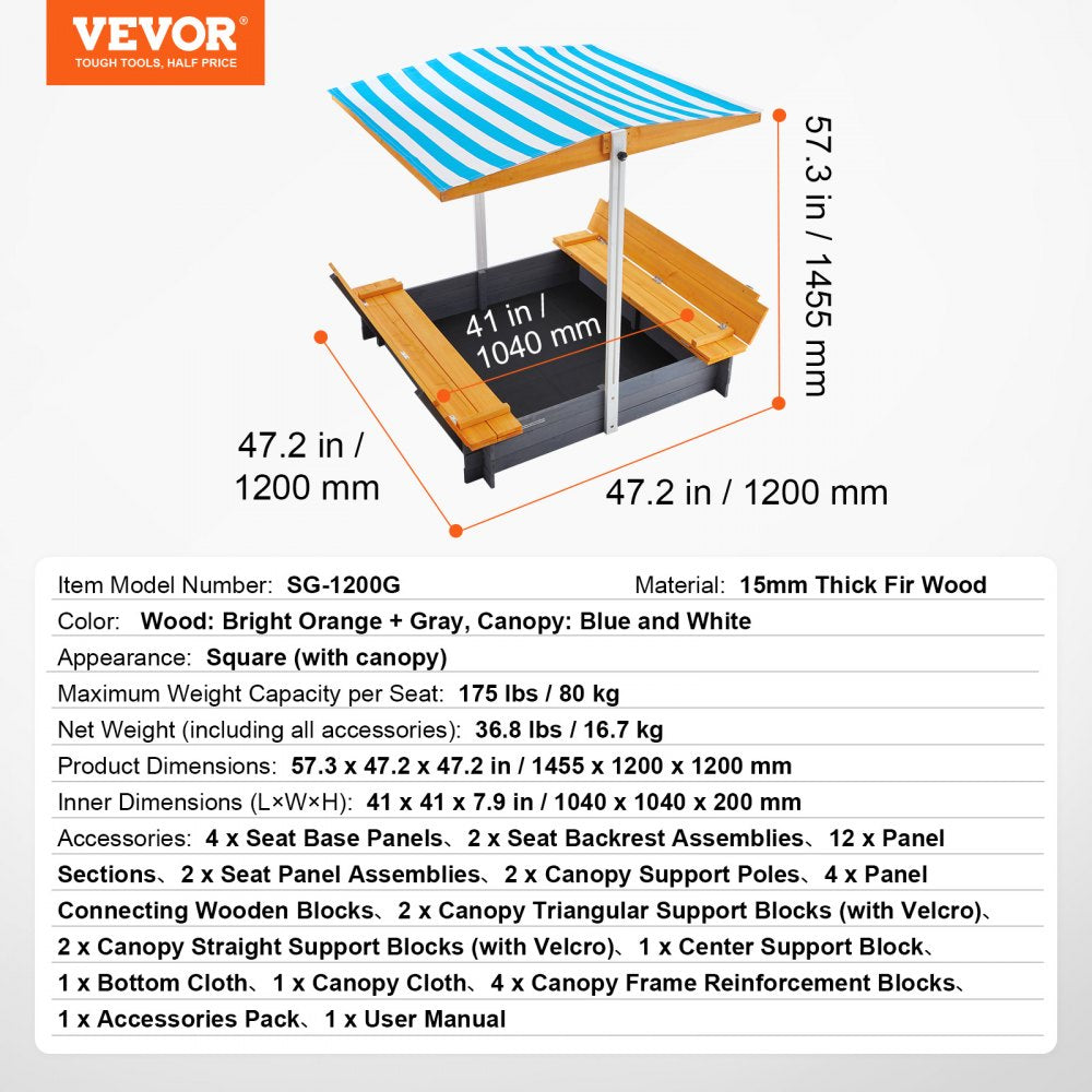 VEVOR Wooden Sandbox with Canopy Sand Box Sand Pit Outdoor Backyard Ages 3-12