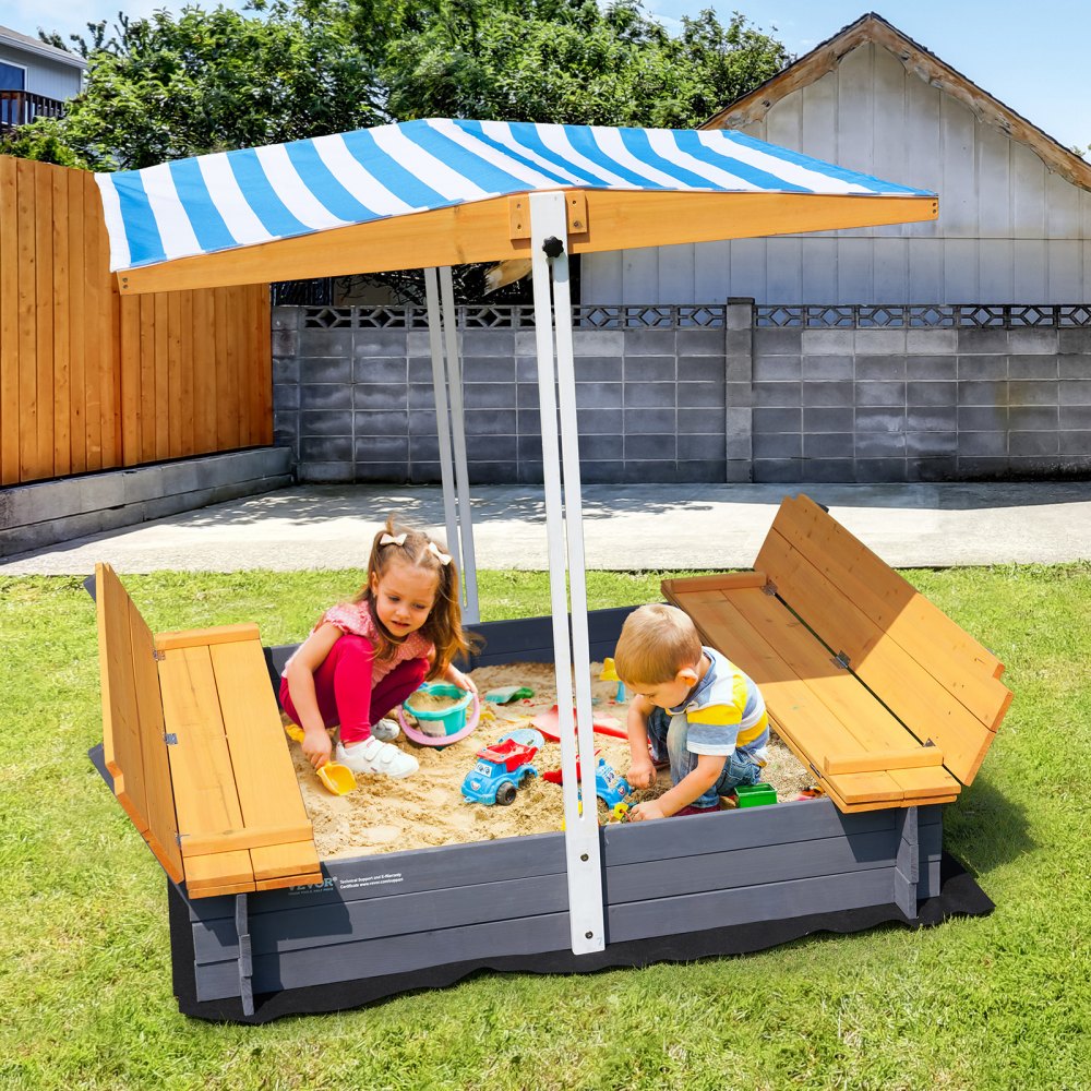 VEVOR Wooden Sandbox with Canopy Sand Box Sand Pit Outdoor Backyard Ages 3-12