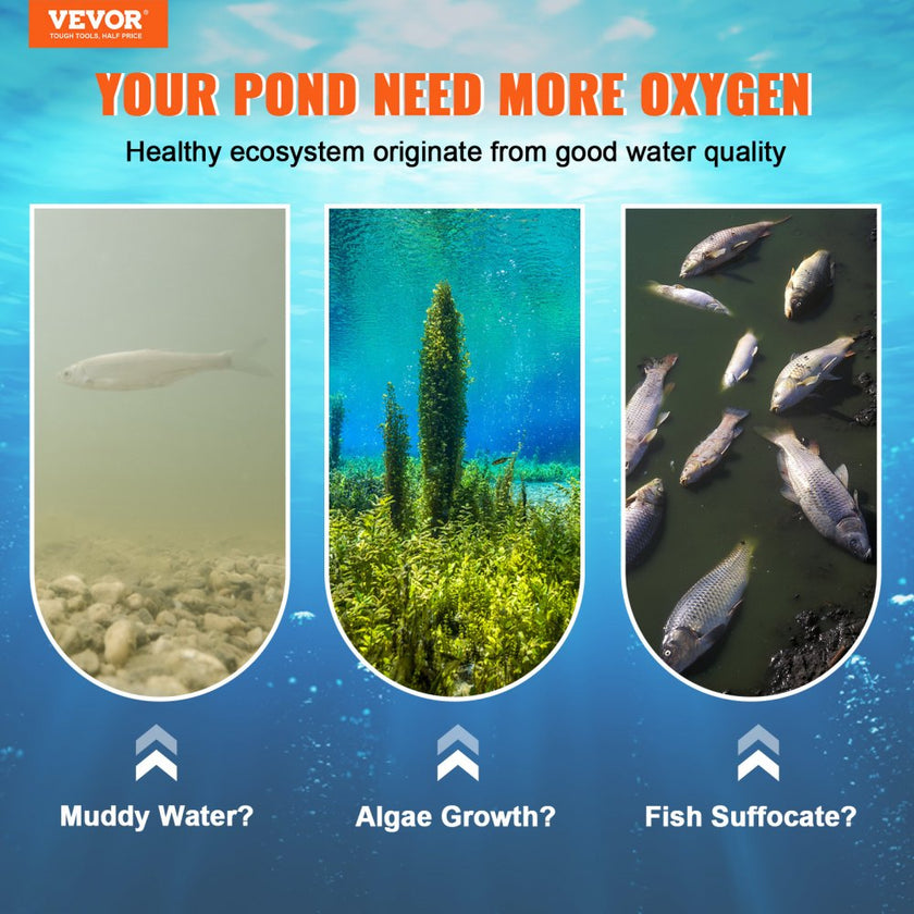 VEVOR Pond Aerator, 550W Power, 5.2CFM for Up to 1 Acre 50' Lake, Pond Aeration Kit Includes 3/4 HP Compressor & 100' Weighted Tubing & Diffuser, Air Compressor for Deep Water Oxygen Circulation