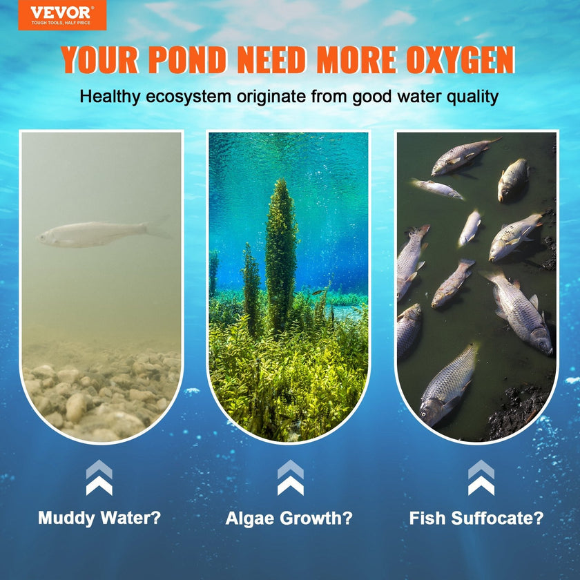 VEVOR Pond Aerator, 550W Power, 5.2CFM for Up to 3 Acre 50' Lake, Pond Aeration Kit Includes 3/4 HP Compressor & 2 100' Weighted Tubings & 2 Diffusers, Air Compressor for Deep Water Oxygen Circulation