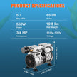 VEVOR Pond Aerator, 550W Power, 5.2CFM for Up to 3 Acre 50' Lake, Pond Aeration Kit Includes 3/4 HP Compressor & Timer & Valves, Air Compressor for Deep Water Oxygen Circulation, for Pond, Lake