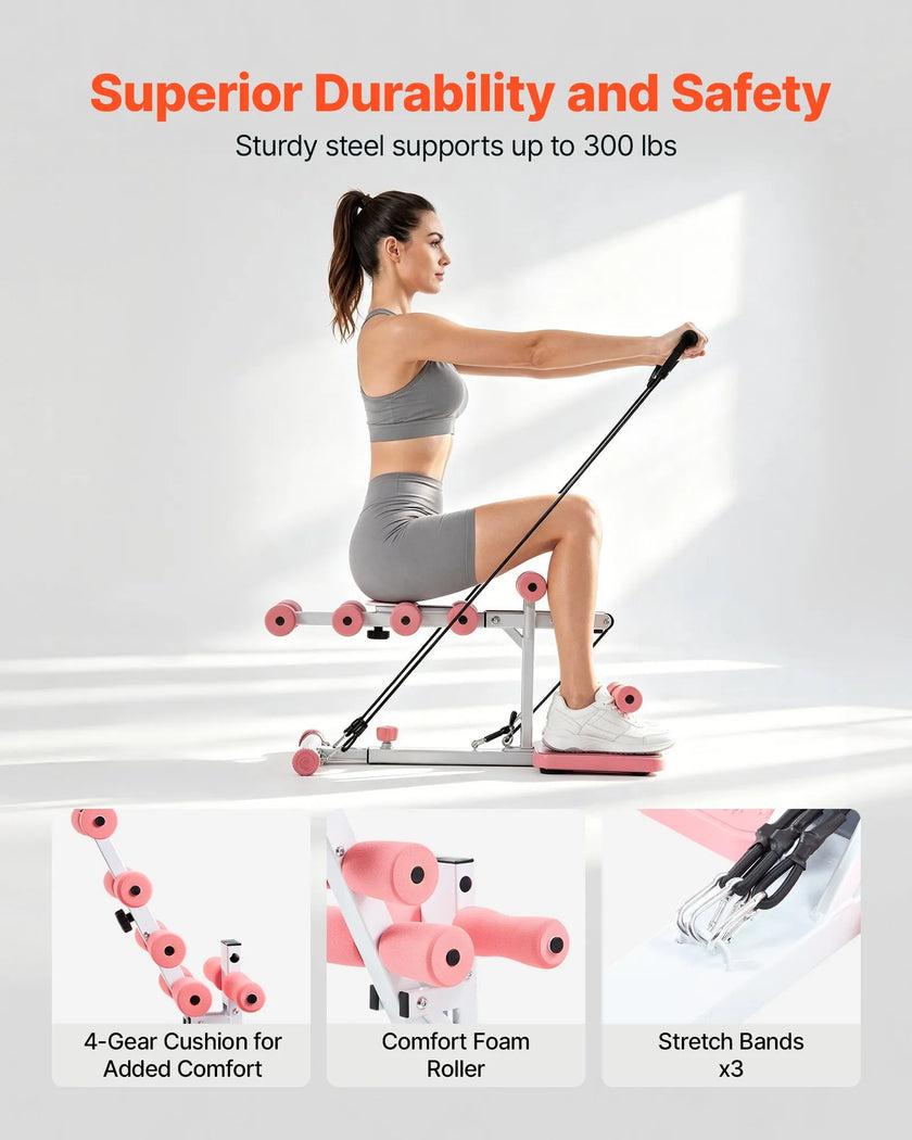 Deep Squat Machine for Home Gym, Adjustable Glutes & Leg Trainer with 3 Resistance Bands, Folding Squat Assist Machine for Core, Thigh, Glute & Lower Body Workouts, Pink & White