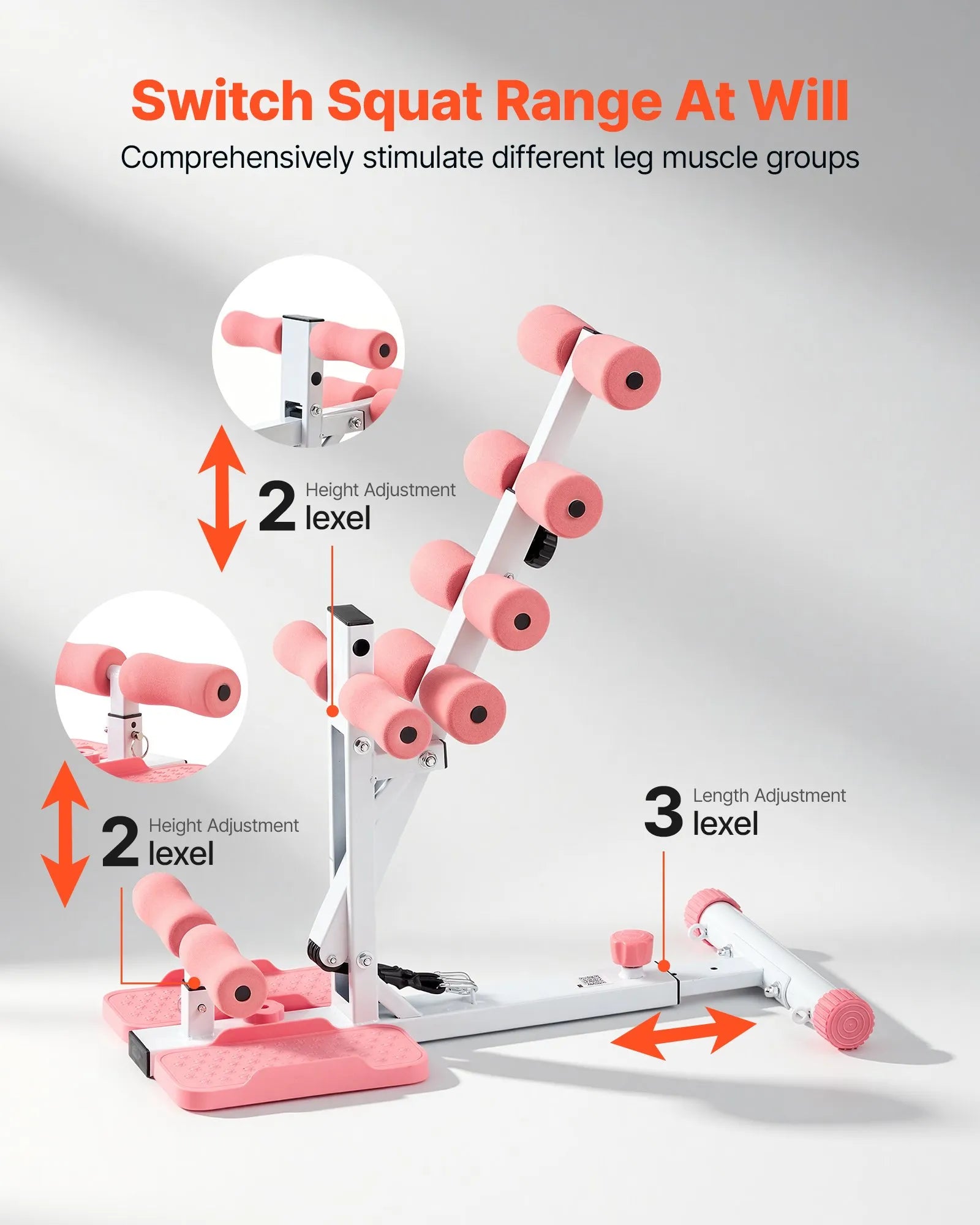 Deep Squat Machine for Home Gym, Adjustable Glutes & Leg Trainer with 3 Resistance Bands, Folding Squat Assist Machine for Core, Thigh, Glute & Lower Body Workouts, Pink & White