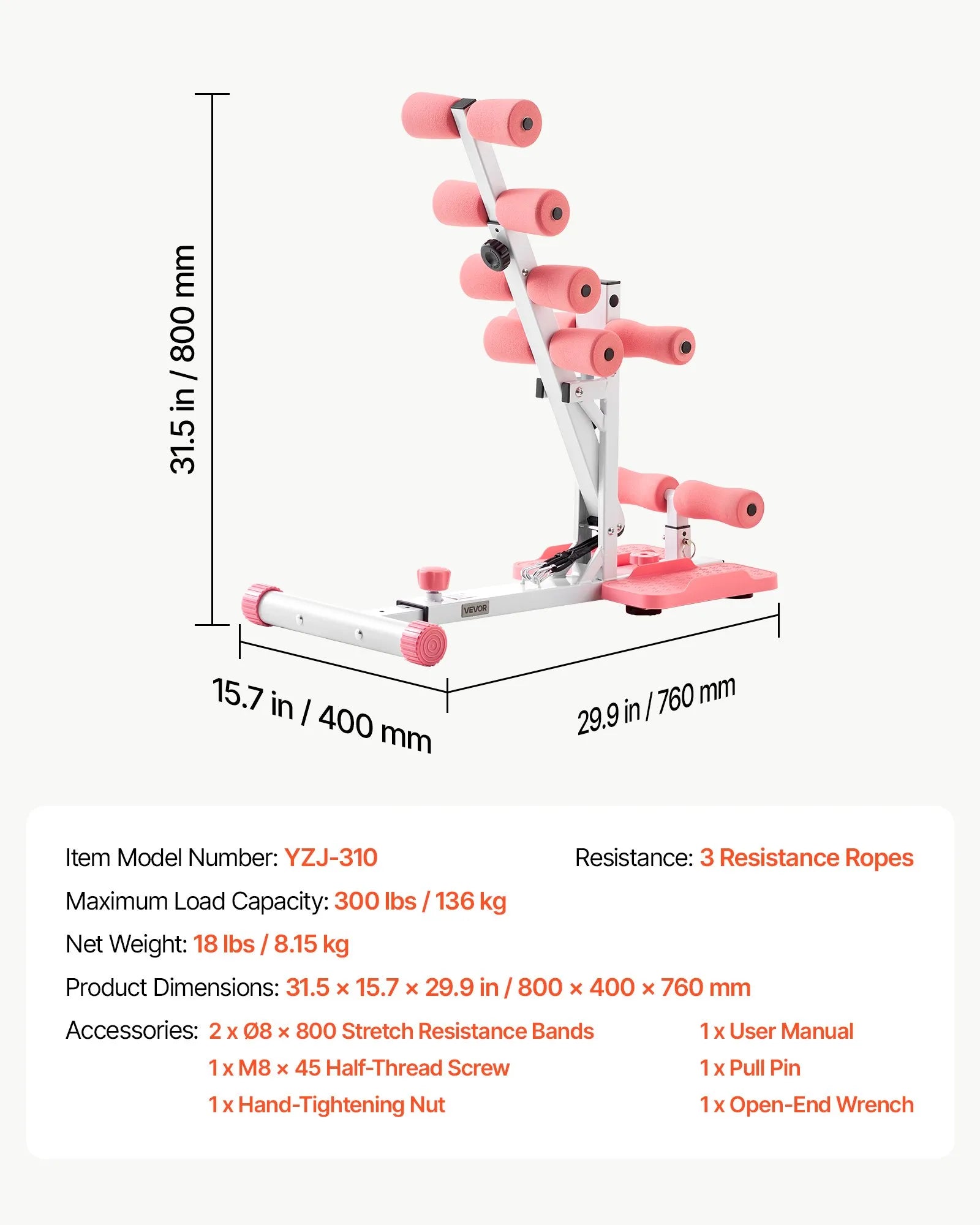 Deep Squat Machine for Home Gym, Adjustable Glutes & Leg Trainer with 3 Resistance Bands, Folding Squat Assist Machine for Core, Thigh, Glute & Lower Body Workouts, Pink & White