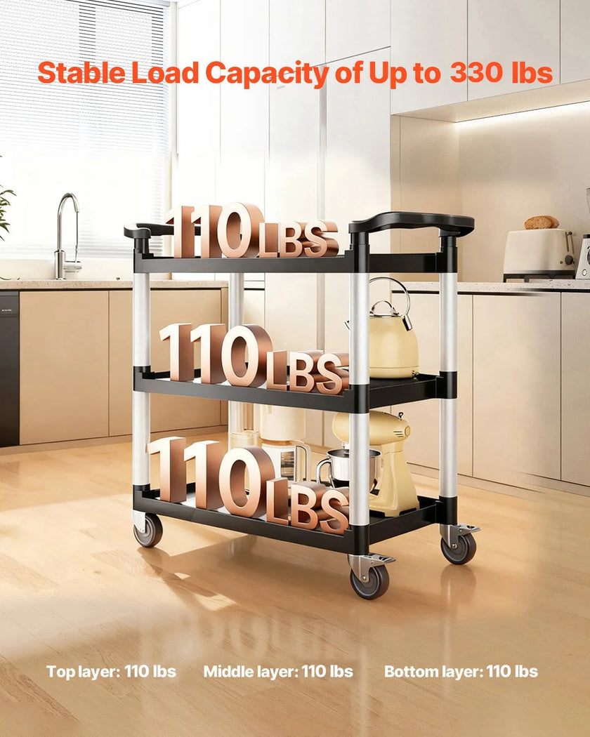 VEVOR Heavy Duty Utility Cart 500 lbs Capacity 3-tier Service Cart with Wheels