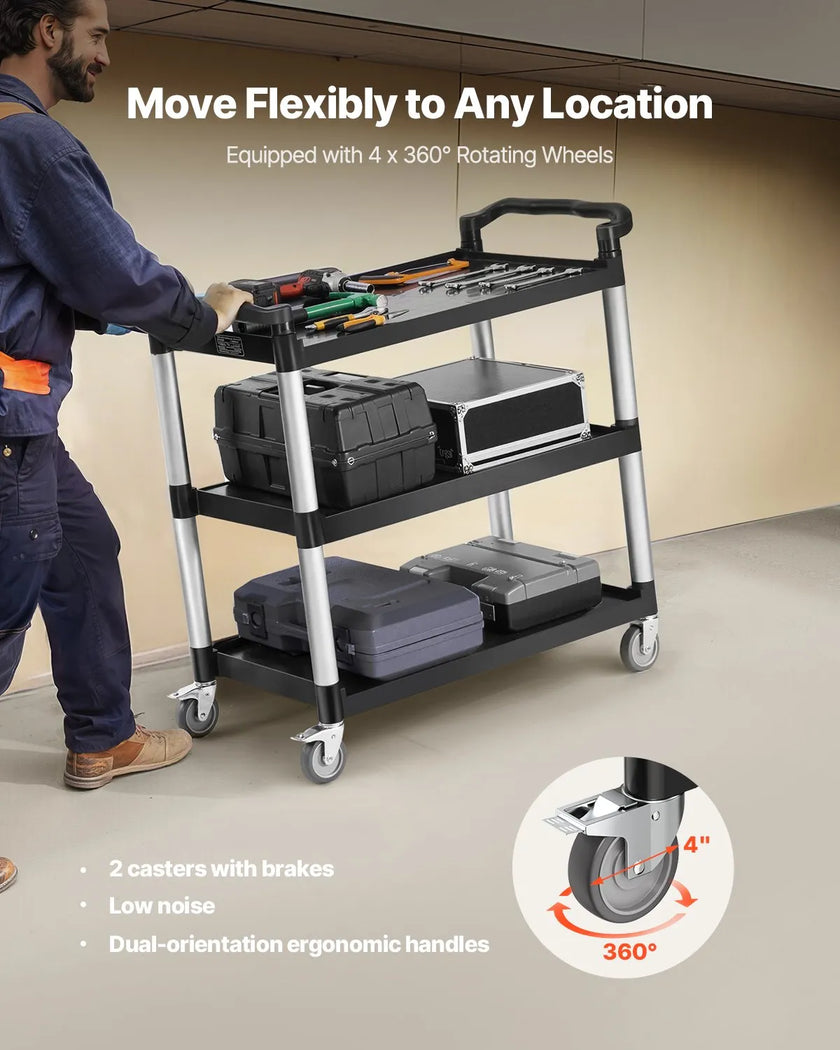 VEVOR Heavy Duty Utility Cart 500 lbs Capacity 3-tier Service Cart with Wheels