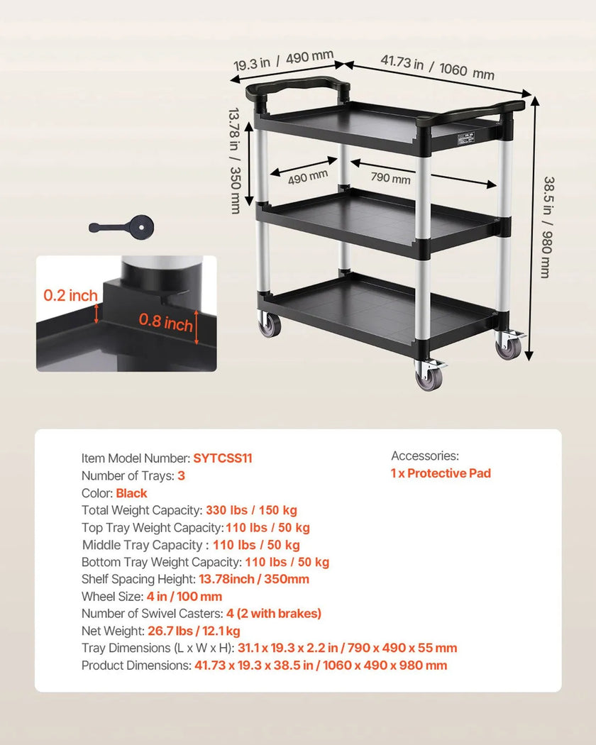 VEVOR Heavy Duty Utility Cart 500 lbs Capacity 3-tier Service Cart with Wheels