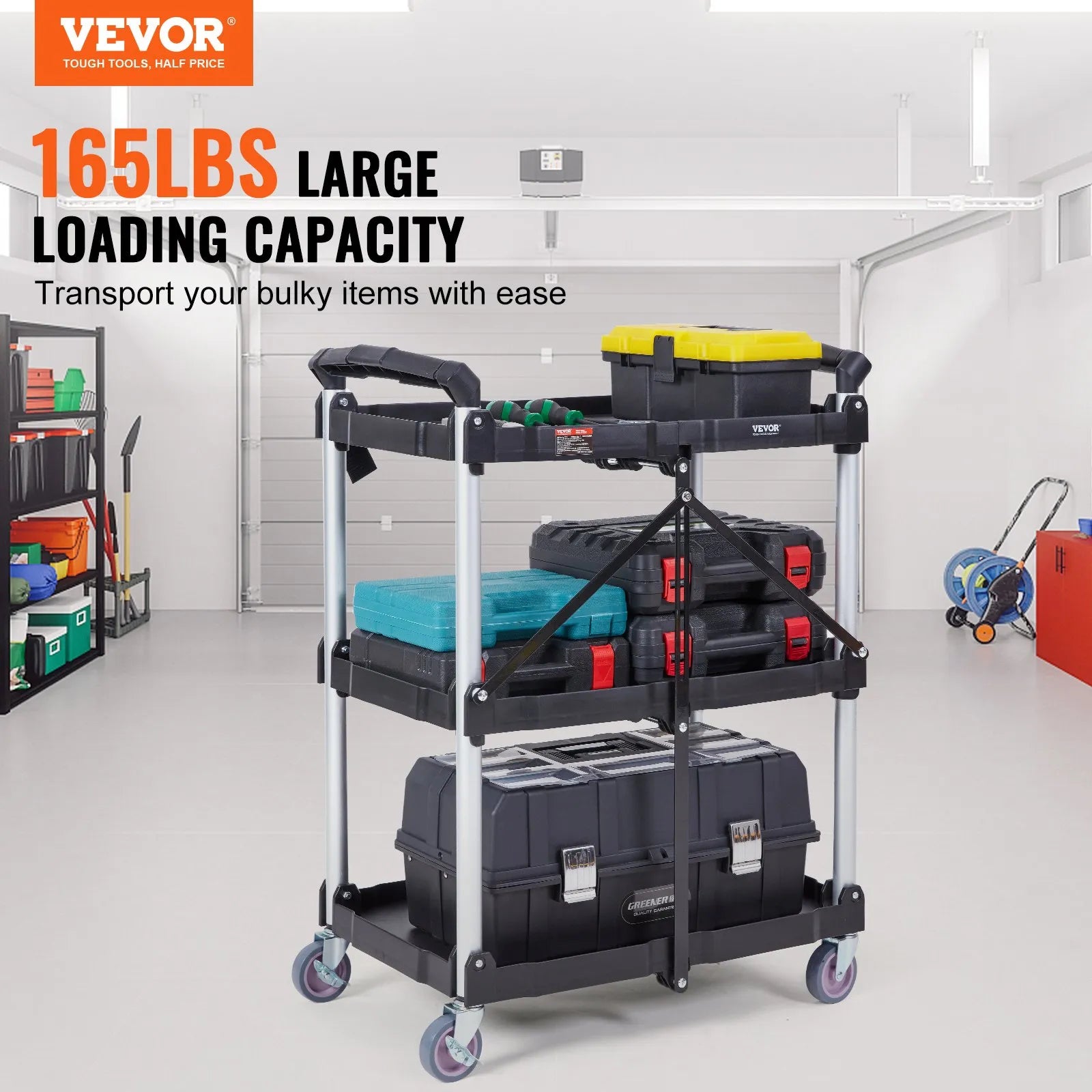 VEVOR Foldable Utility Service Cart, 3 Shelf 165LBS Heavy Duty Plastic Rolling Cart with Swivel Wheels (2 with Brakes), Ergonomic Handle, Portable Garage Tool Cart for Warehouse Office Home