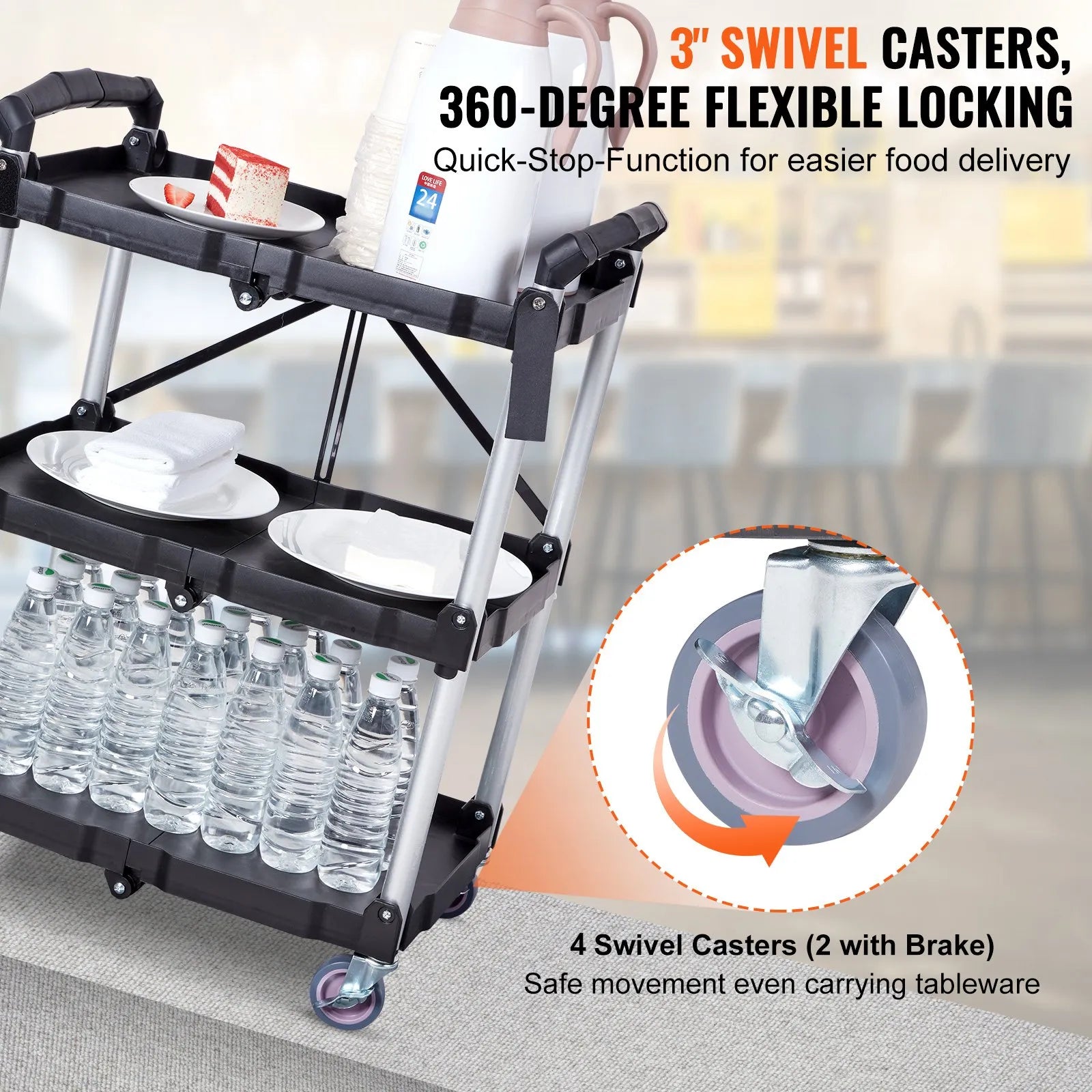 VEVOR Foldable Utility Service Cart, 3 Shelf 165LBS Heavy Duty Plastic Rolling Cart with Swivel Wheels (2 with Brakes), Ergonomic Handle, Portable Garage Tool Cart for Warehouse Office Home