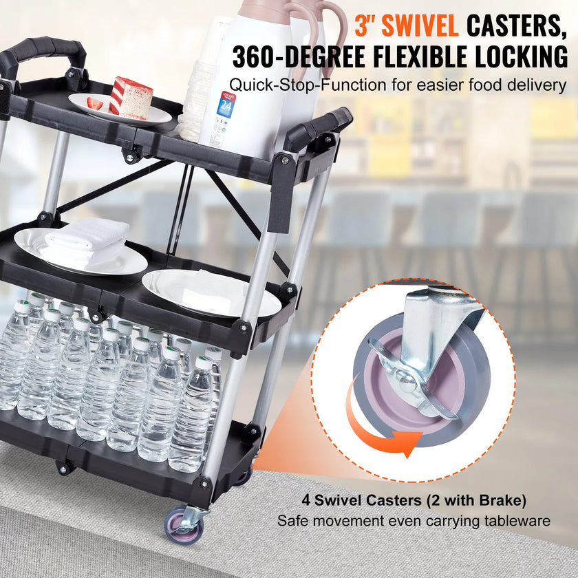 VEVOR Foldable Utility Service Cart, 3 Shelf 165LBS Heavy Duty Plastic Rolling Cart with Swivel Wheels (2 with Brakes), Ergonomic Handle, Portable Garage Tool Cart for Warehouse Office Home