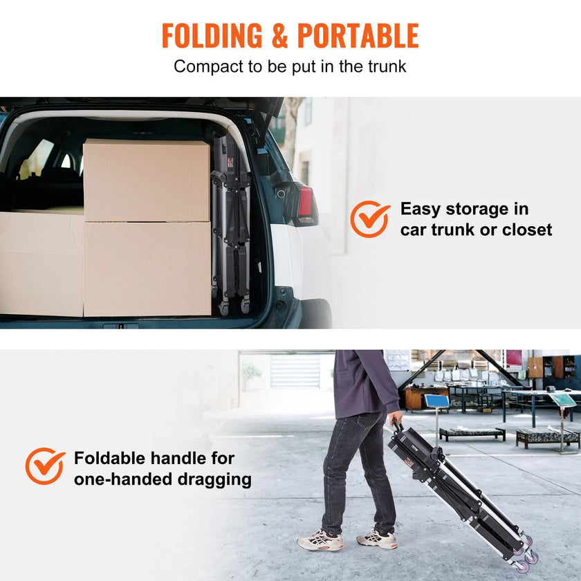 VEVOR Foldable Utility Service Cart, 3 Shelf 165LBS Heavy Duty Plastic Rolling Cart with Swivel Wheels (2 with Brakes), Ergonomic Handle, Portable Garage Tool Cart for Warehouse Office Home