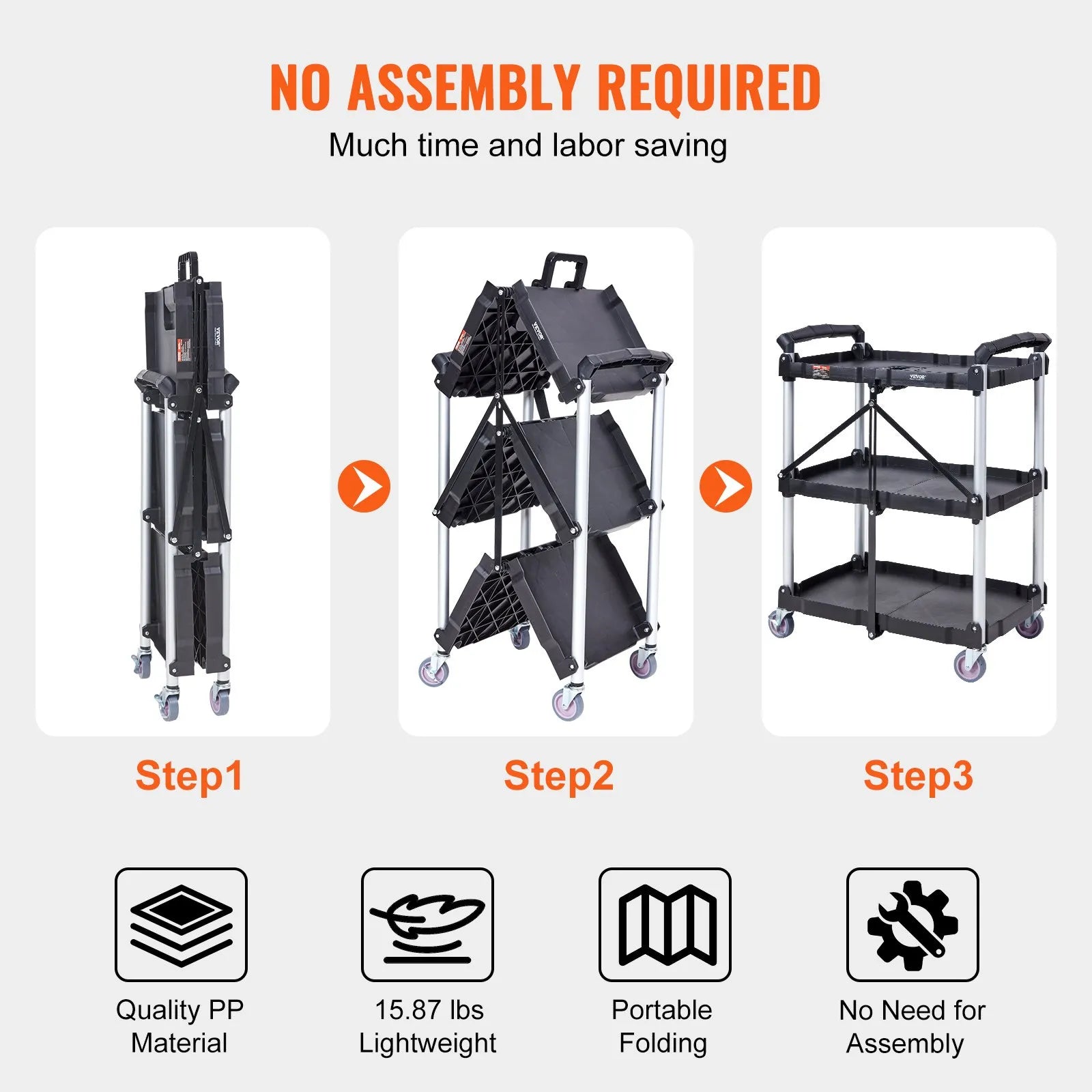 VEVOR Foldable Utility Service Cart, 3 Shelf 165LBS Heavy Duty Plastic Rolling Cart with Swivel Wheels (2 with Brakes), Ergonomic Handle, Portable Garage Tool Cart for Warehouse Office Home