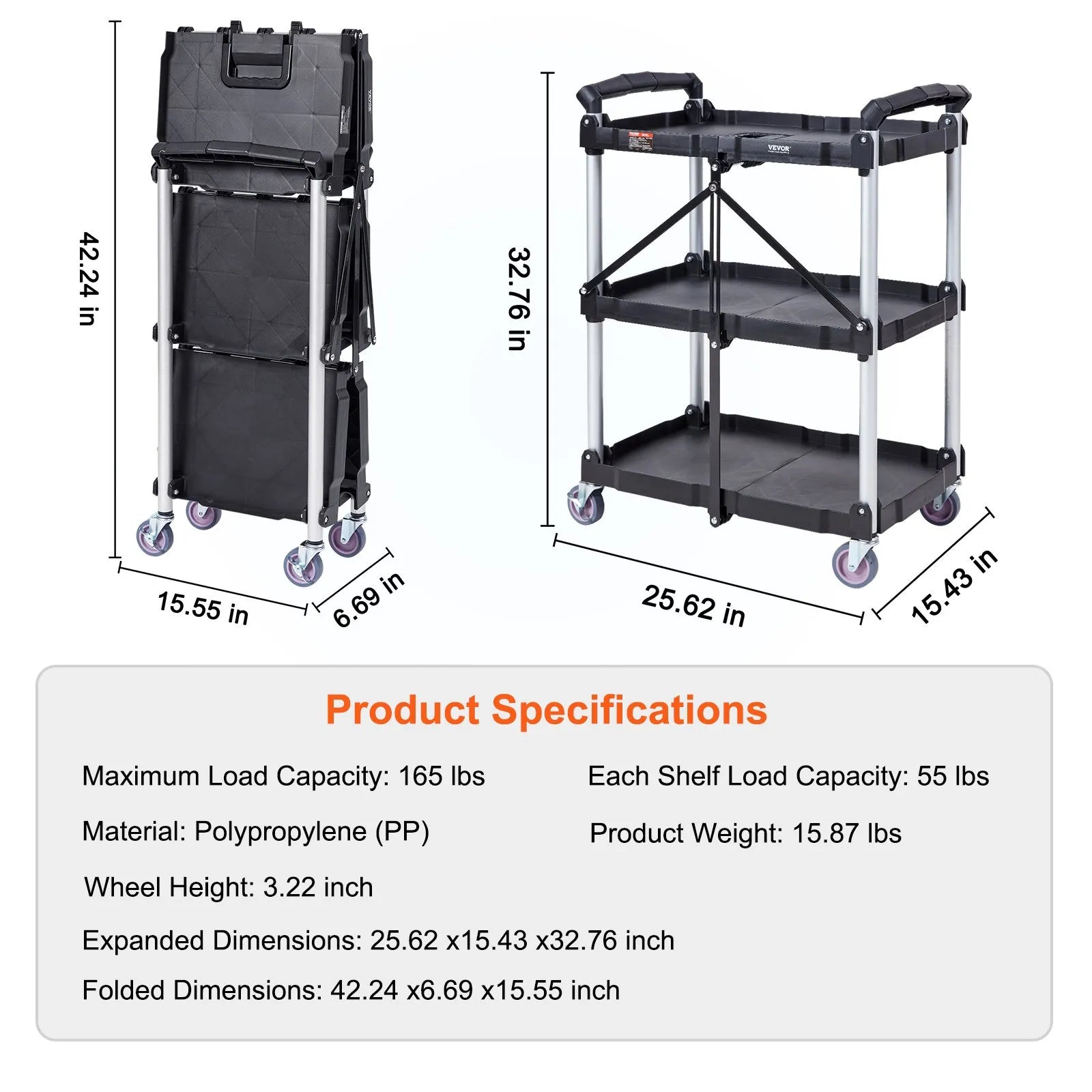 VEVOR Foldable Utility Service Cart, 3 Shelf 165LBS Heavy Duty Plastic Rolling Cart with Swivel Wheels (2 with Brakes), Ergonomic Handle, Portable Garage Tool Cart for Warehouse Office Home