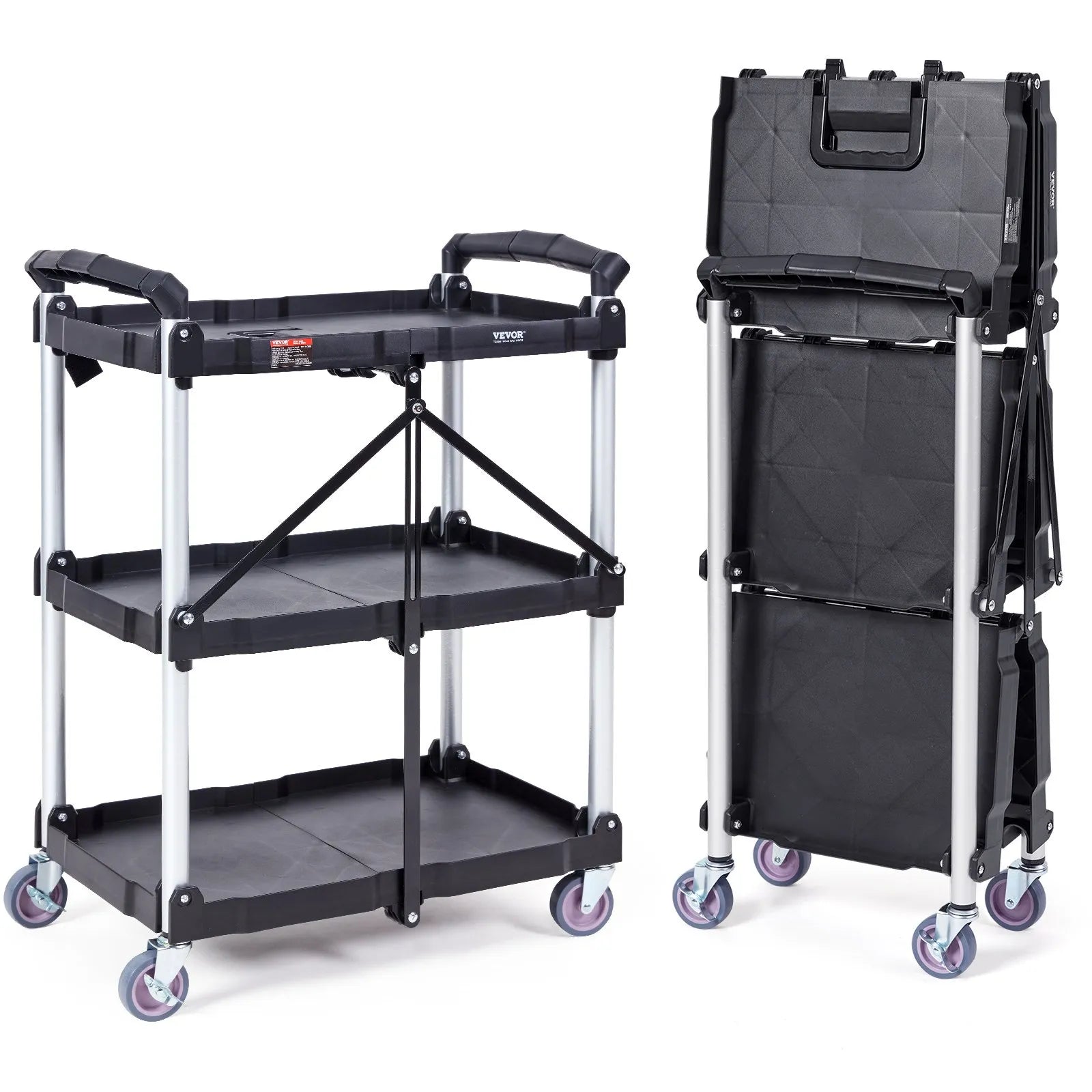 VEVOR Foldable Utility Service Cart, 3 Shelf 165LBS Heavy Duty Plastic Rolling Cart with Swivel Wheels (2 with Brakes), Ergonomic Handle, Portable Garage Tool Cart for Warehouse Office Home