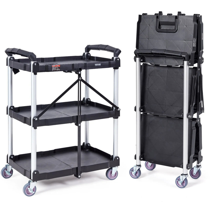VEVOR Foldable Utility Service Cart, 3 Shelf 165LBS Heavy Duty Plastic Rolling Cart with Swivel Wheels (2 with Brakes), Ergonomic Handle, Portable Garage Tool Cart for Warehouse Office Home
