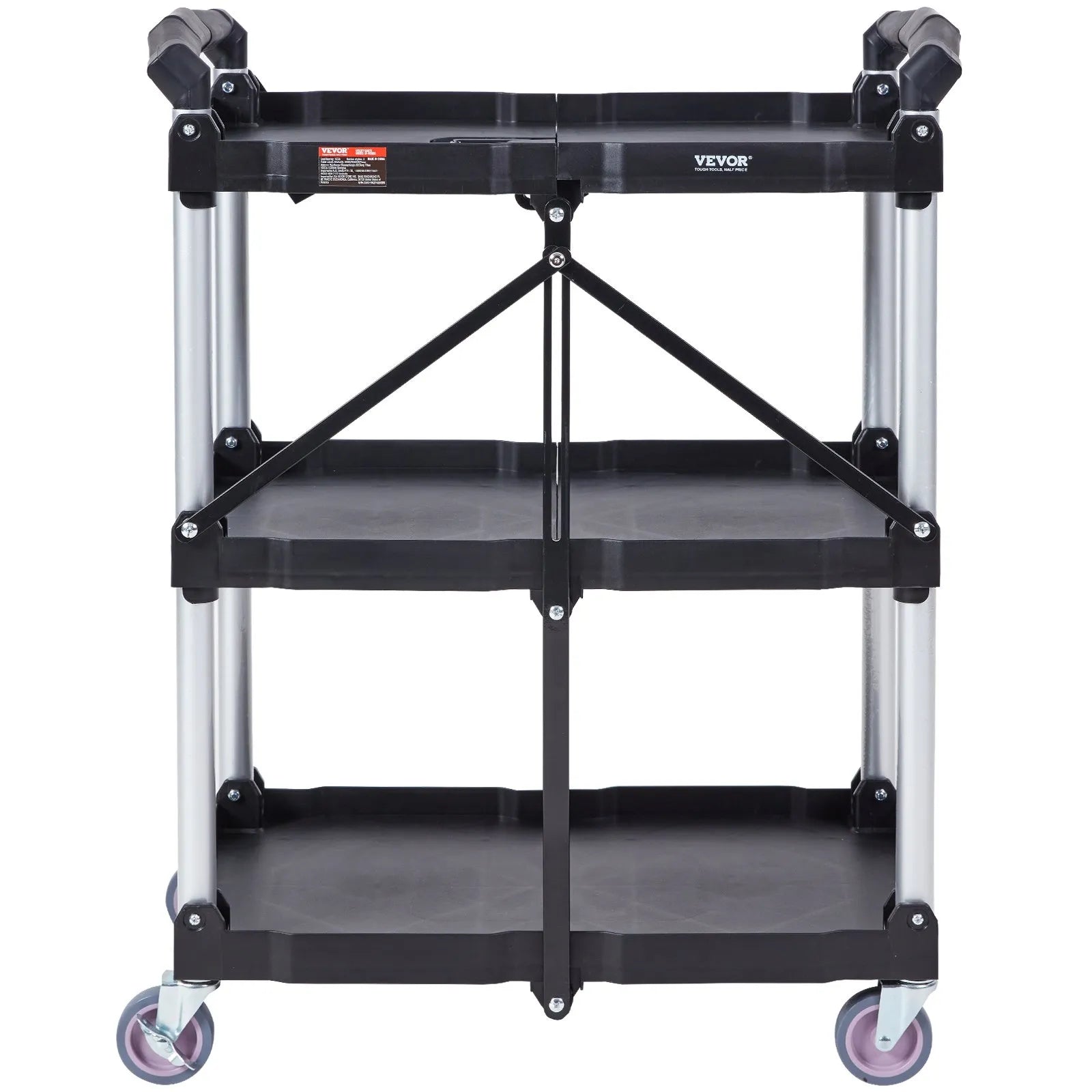 VEVOR Foldable Utility Service Cart, 3 Shelf 165LBS Heavy Duty Plastic Rolling Cart with Swivel Wheels (2 with Brakes), Ergonomic Handle, Portable Garage Tool Cart for Warehouse Office Home