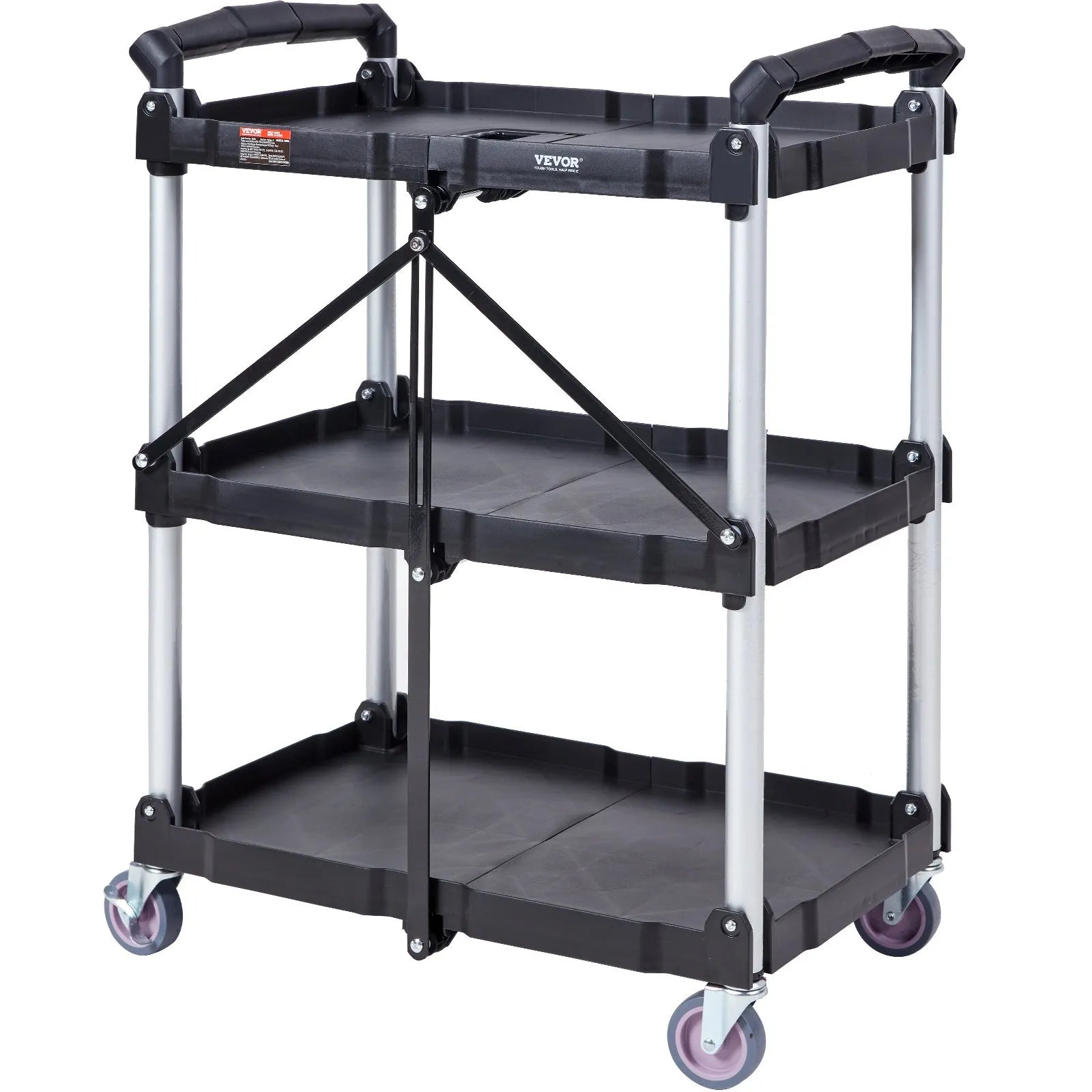 VEVOR Foldable Utility Service Cart, 3 Shelf 165LBS Heavy Duty Plastic Rolling Cart with Swivel Wheels (2 with Brakes), Ergonomic Handle, Portable Garage Tool Cart for Warehouse Office Home