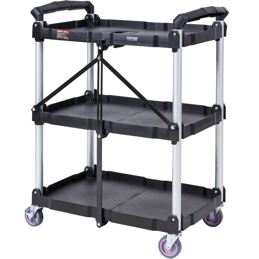 VEVOR Foldable Utility Service Cart, 3 Shelf 165LBS Heavy Duty Plastic Rolling Cart with Swivel Wheels (2 with Brakes), Ergonomic Handle, Portable Garage Tool Cart for Warehouse Office Home