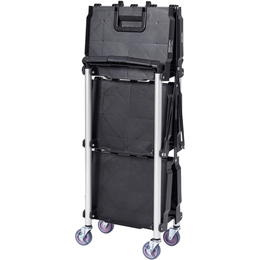 VEVOR Foldable Utility Service Cart, 3 Shelf 165LBS Heavy Duty Plastic Rolling Cart with Swivel Wheels (2 with Brakes), Ergonomic Handle, Portable Garage Tool Cart for Warehouse Office Home