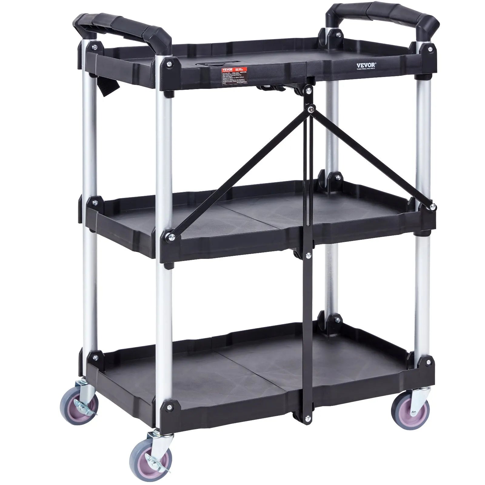VEVOR Foldable Utility Service Cart, 3 Shelf 165LBS Heavy Duty Plastic Rolling Cart with Swivel Wheels (2 with Brakes), Ergonomic Handle, Portable Garage Tool Cart for Warehouse Office Home